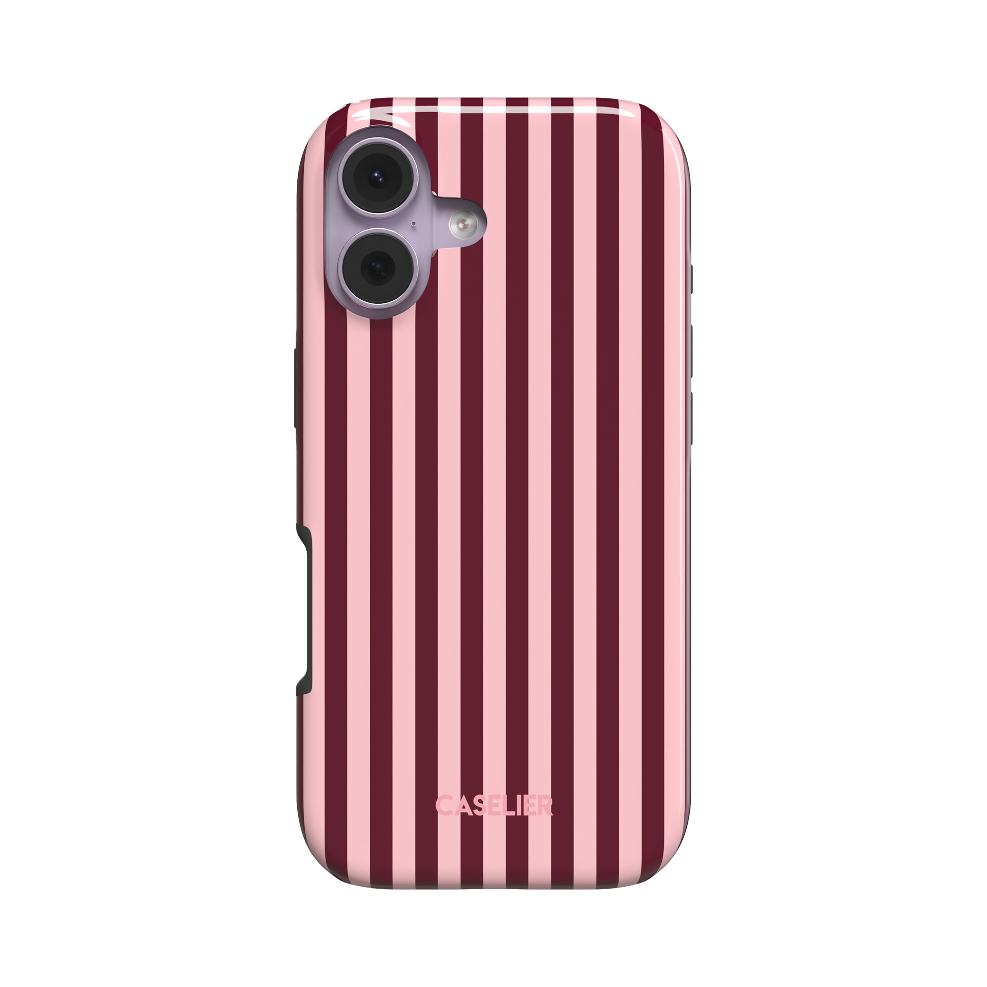 Fine Stripes phone case in blush pink and burgundy vertical stripe pattern, glossy finish, phone case by Caselier - tough case, front view | Caselier