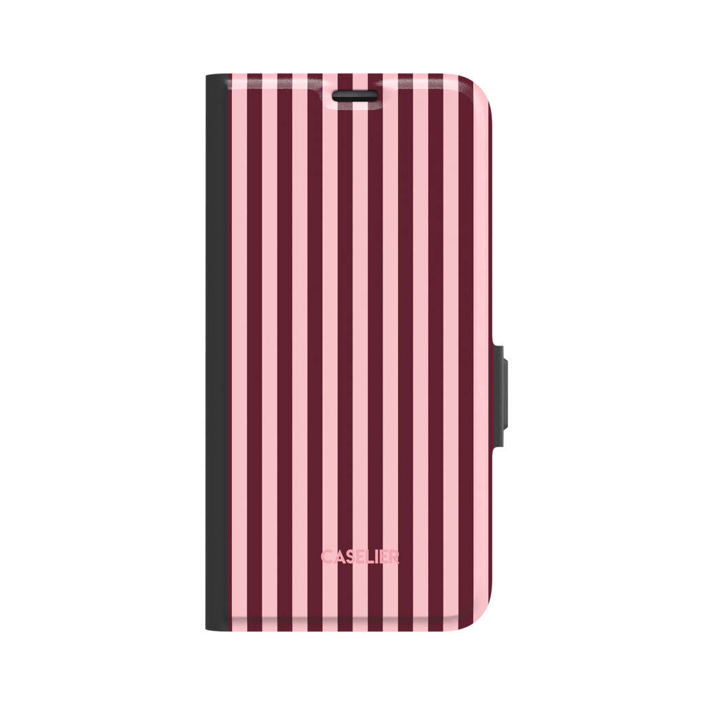 Fine Stripes phone case in blush pink and burgundy vertical stripe pattern, glossy finish, phone case by Caselier - wallet case, front view | Caselier