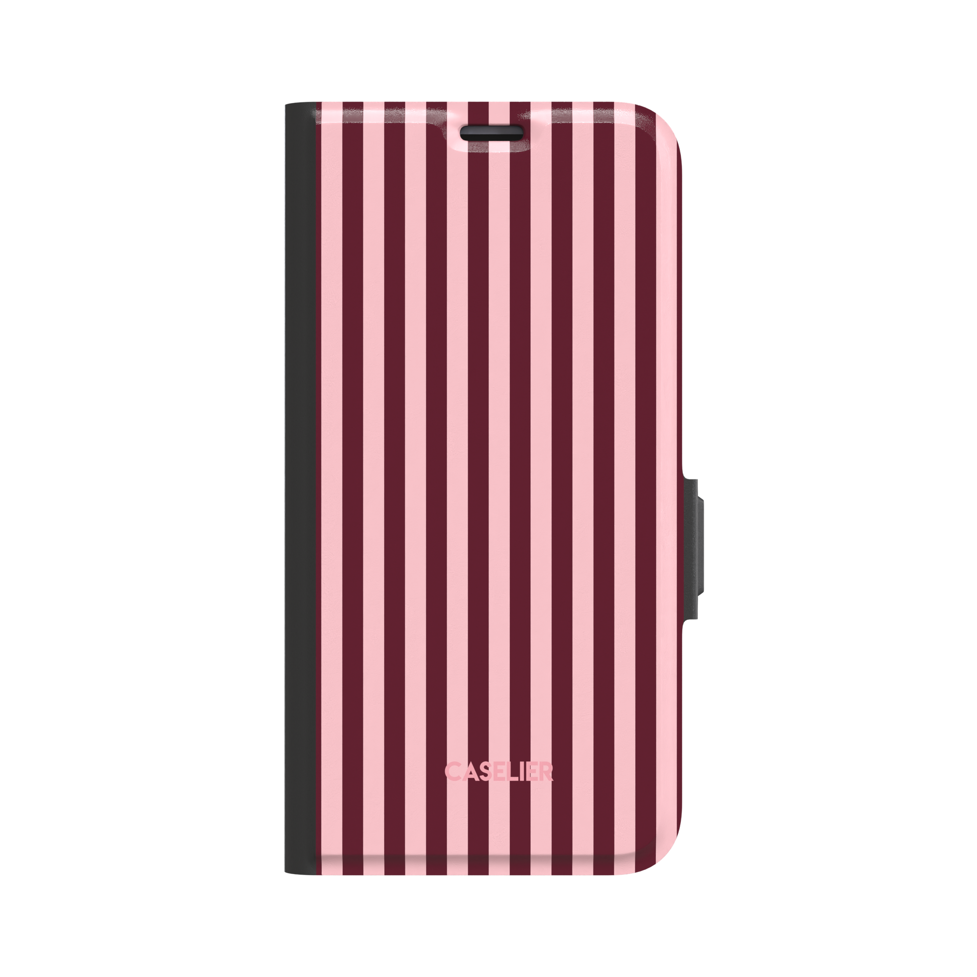 Fine Stripes phone case in blush pink and burgundy vertical stripe pattern, glossy finish, phone case by Caselier - wallet case, front view | Caselier