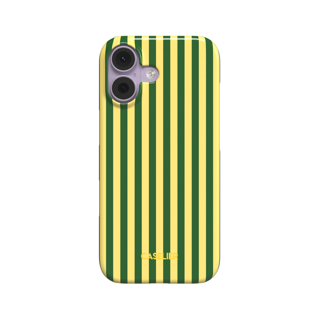 Fine Stripes phone case in forest green and butter yellow vertical stripe pattern, glossy finish, phone case by Caselier - snap case, front view | Caselier