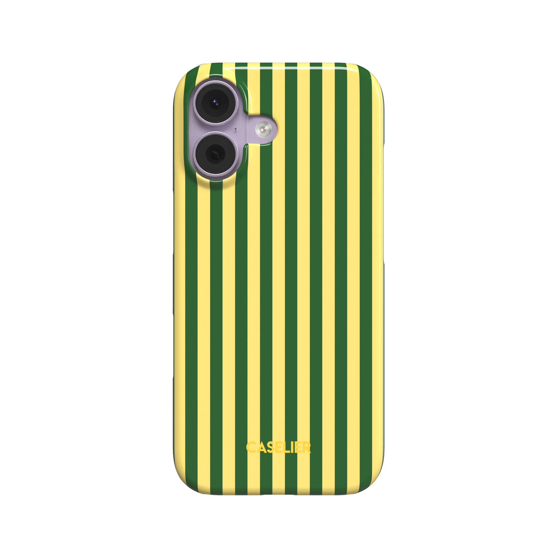 Fine Stripes phone case in forest green and butter yellow vertical stripe pattern, glossy finish, phone case by Caselier - snap case, front view | Caselier