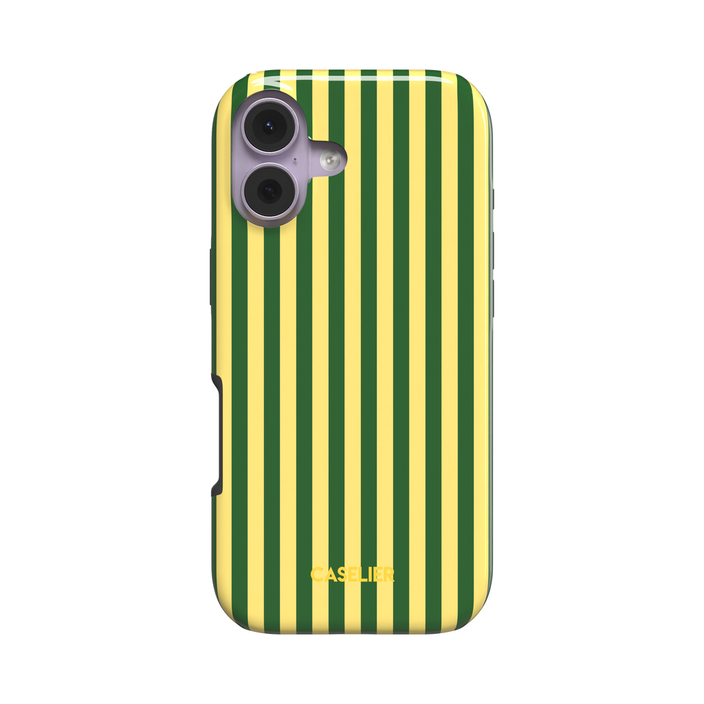 Fine Stripes phone case in forest green and butter yellow vertical stripe pattern, glossy finish, phone case by Caselier - tough case, front view | Caselier