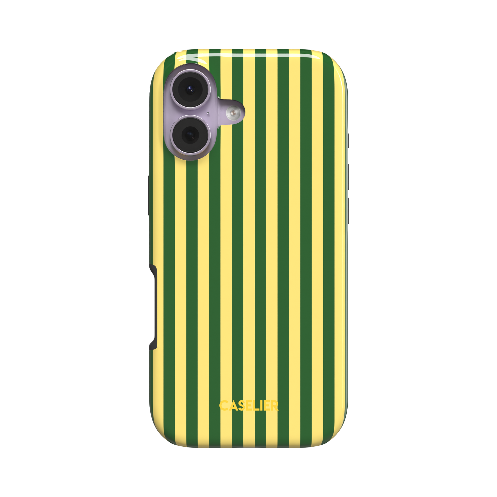 Fine Stripes phone case in forest green and butter yellow vertical stripe pattern, glossy finish, phone case by Caselier - tough case, front view | Caselier