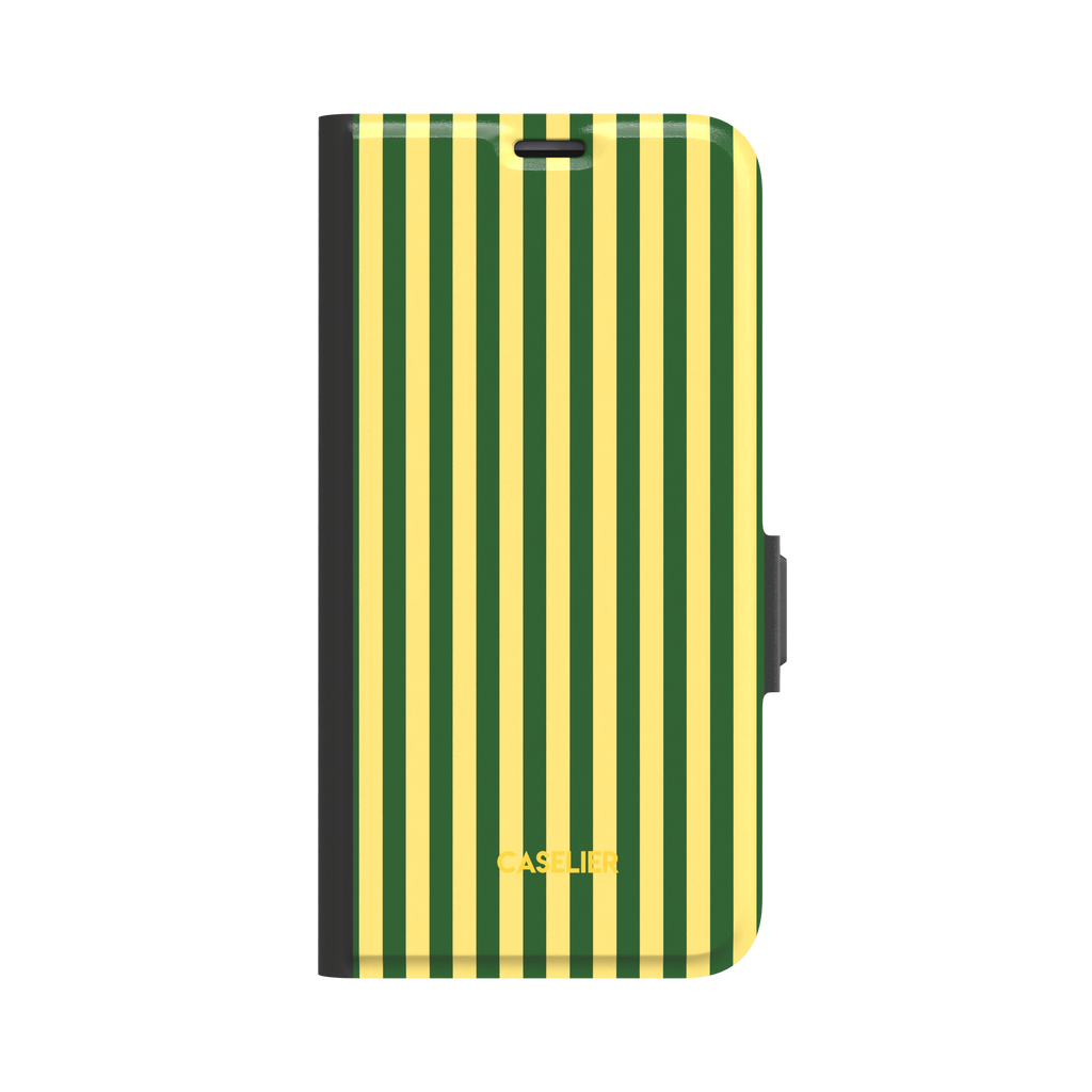 Fine Stripes phone case in forest green and butter yellow vertical stripe pattern, glossy finish, phone case by Caselier - wallet case, front view | Caselier