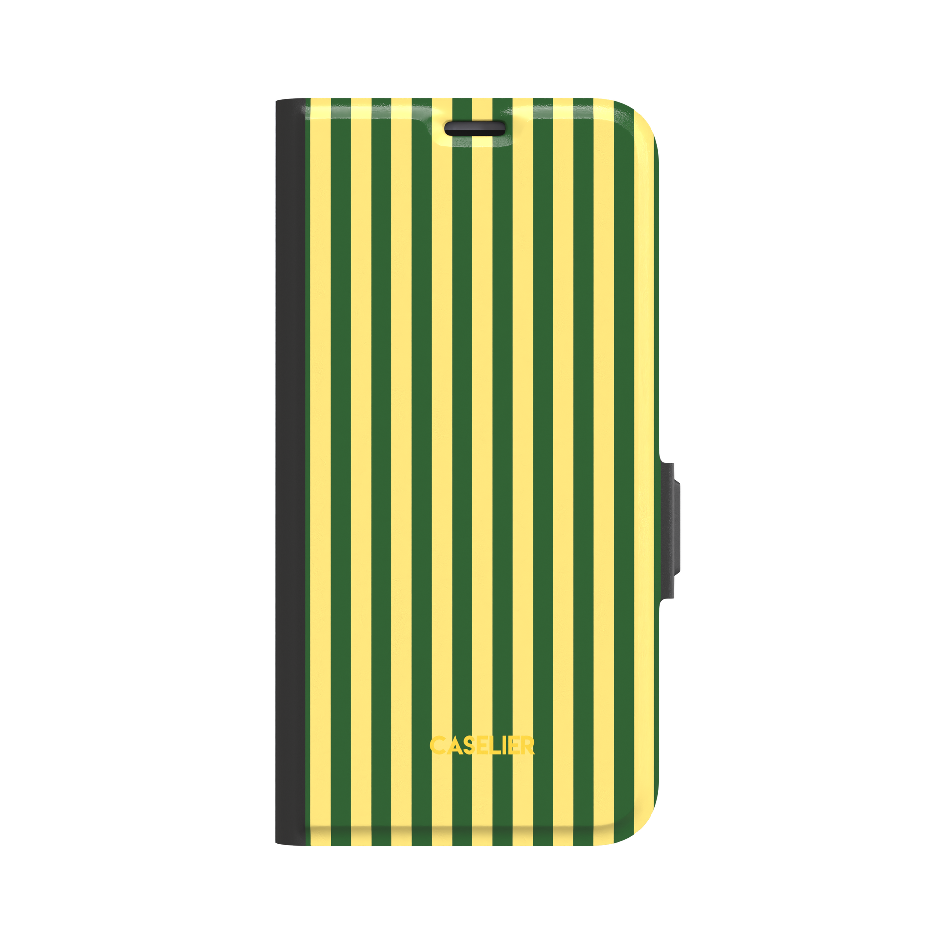 Fine Stripes phone case in forest green and butter yellow vertical stripe pattern, glossy finish, phone case by Caselier - wallet case, front view | Caselier