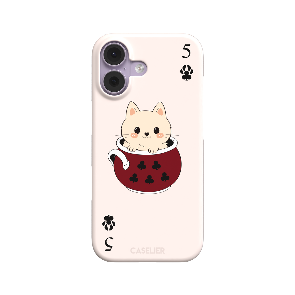 Five of Clubs phone case in pink variant featuring the same kawaii kitten in a dark red teacup with paw print club suits and playing card layout, phone case by Caselier — snap case, front view