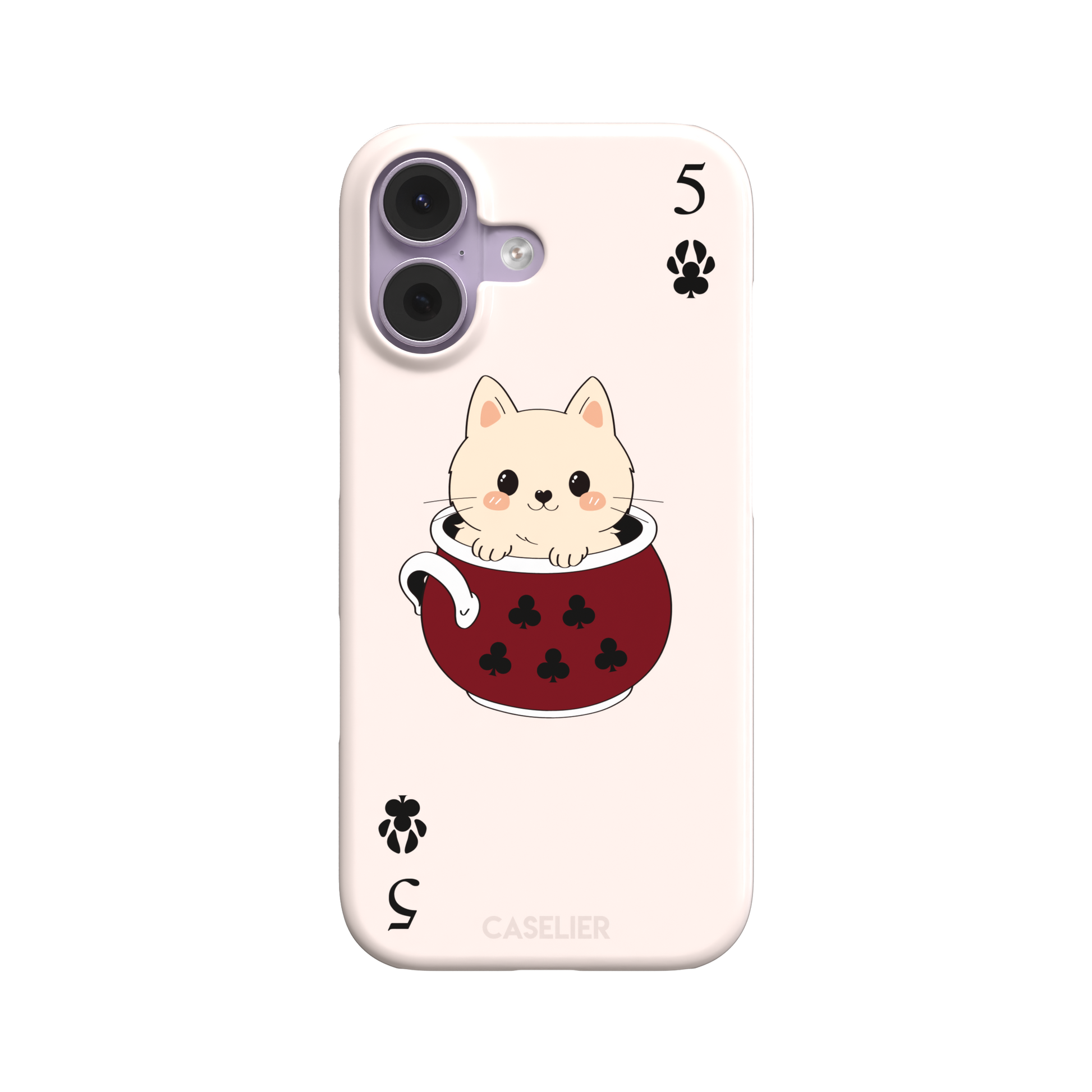 Five of Clubs phone case in pink variant featuring the same kawaii kitten in a dark red teacup with paw print club suits and playing card layout, phone case by Caselier — snap case, front view