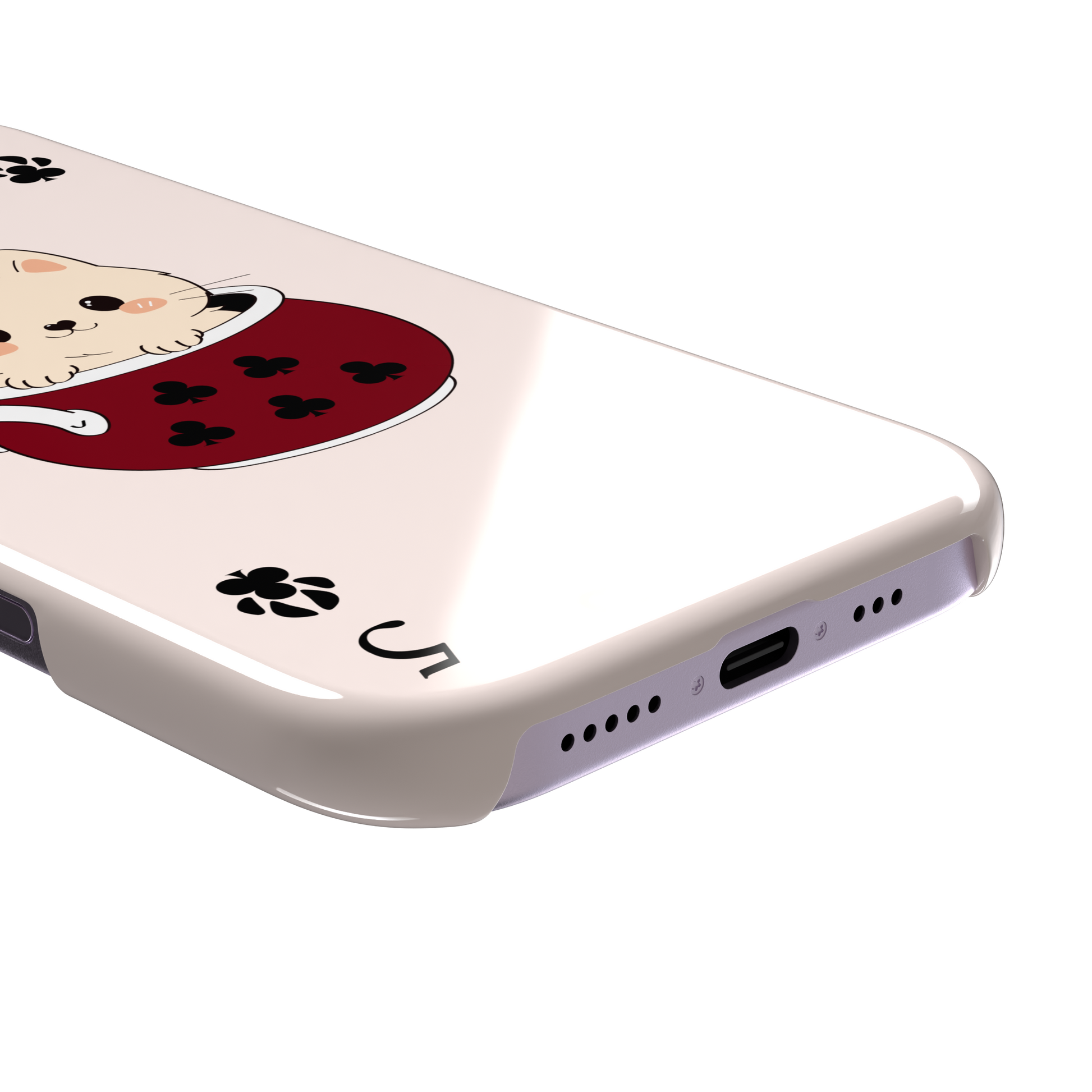 Five of Clubs phone case in pink variant featuring the same kawaii kitten in a dark red teacup with paw print club suits and playing card layout, phone case by Caselier — snap case, charging port detail