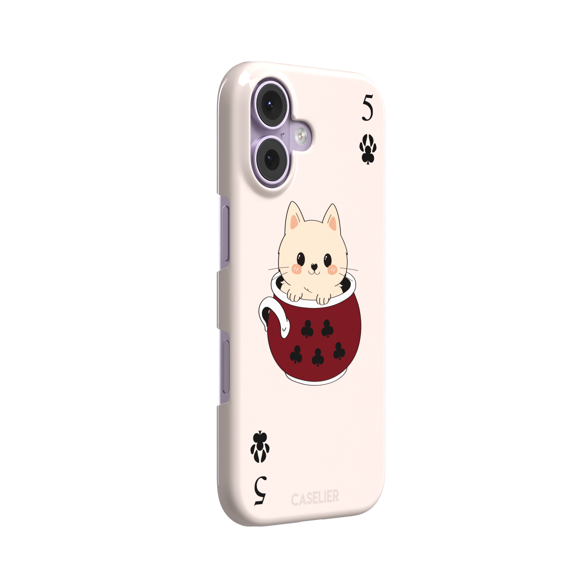 Five of Clubs phone case in pink variant featuring the same kawaii kitten in a dark red teacup with paw print club suits and playing card layout, phone case by Caselier — snap case, left view