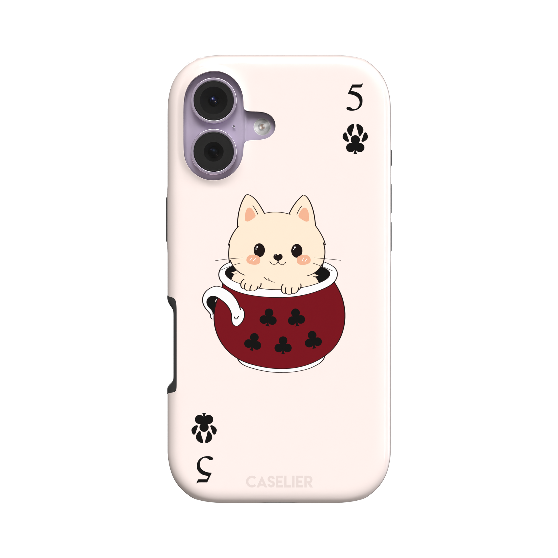 Five of Clubs phone case in pink variant featuring the same kawaii kitten in a dark red teacup with paw print club suits and playing card layout, phone case by Caselier — tough case, front view