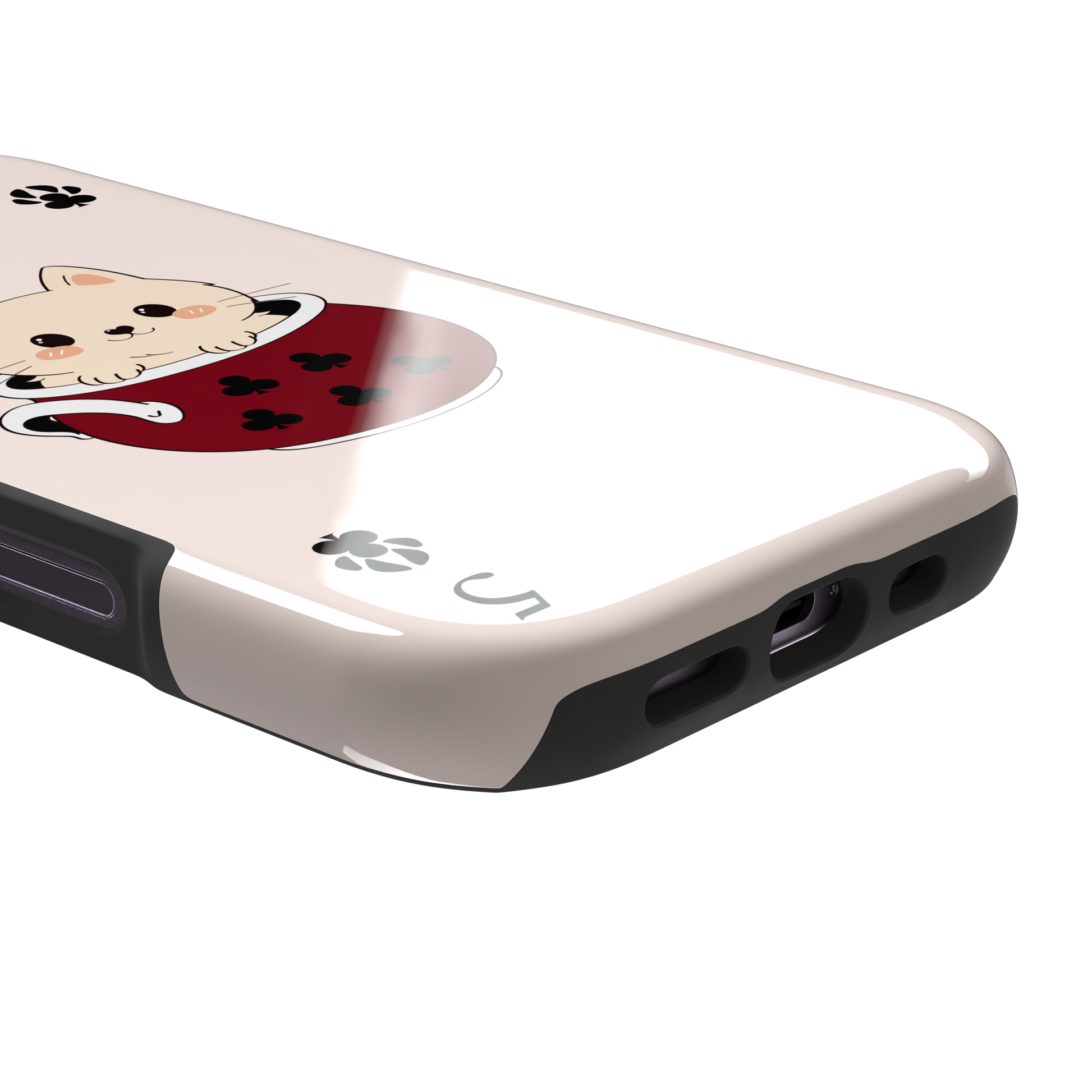 Five of Clubs phone case in pink variant featuring the same kawaii kitten in a dark red teacup with paw print club suits and playing card layout, phone case by Caselier — tough case, charging port detail