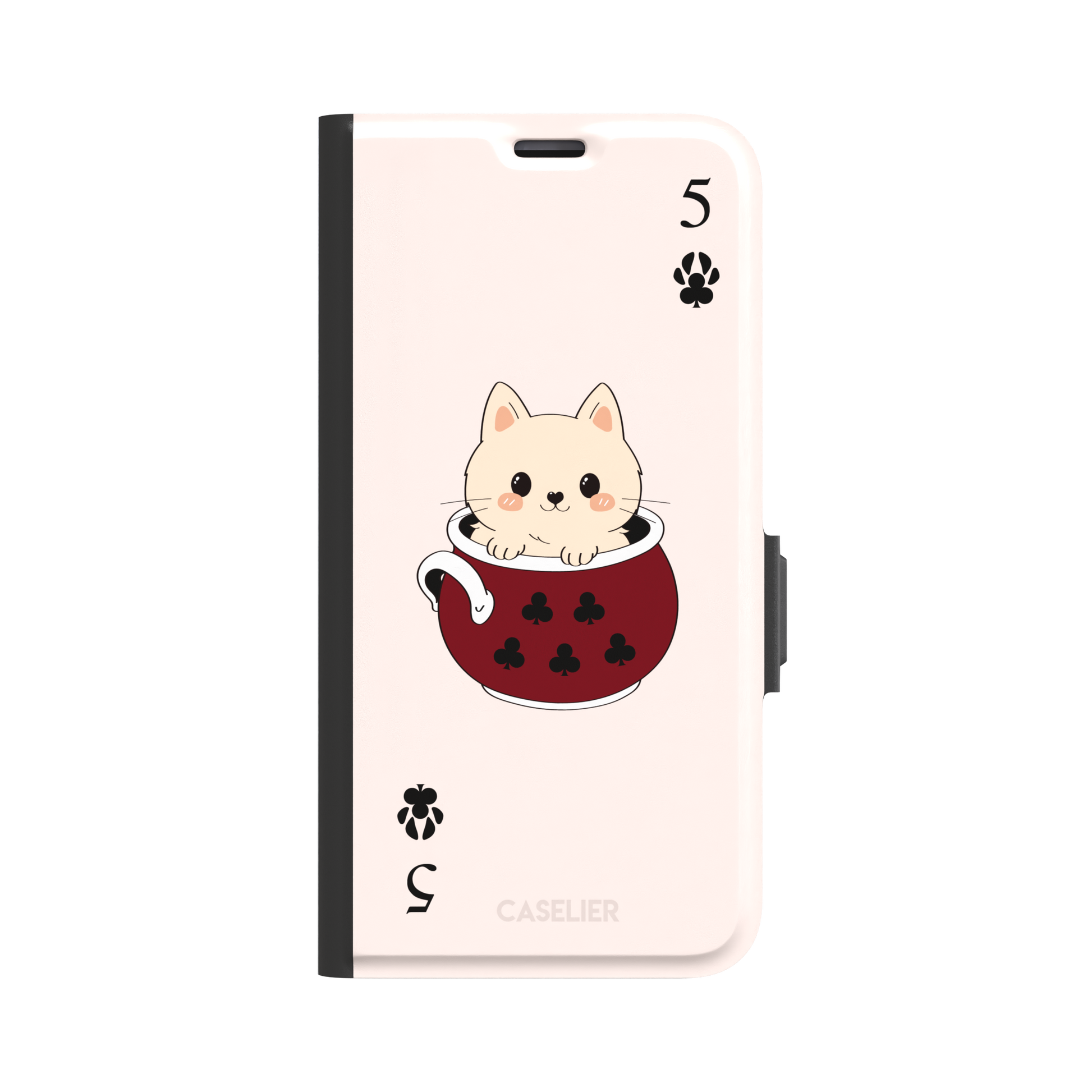 Five of Clubs phone case in pink variant featuring the same kawaii kitten in a dark red teacup with paw print club suits and playing card layout, phone case by Caselier — wallet case, front view
