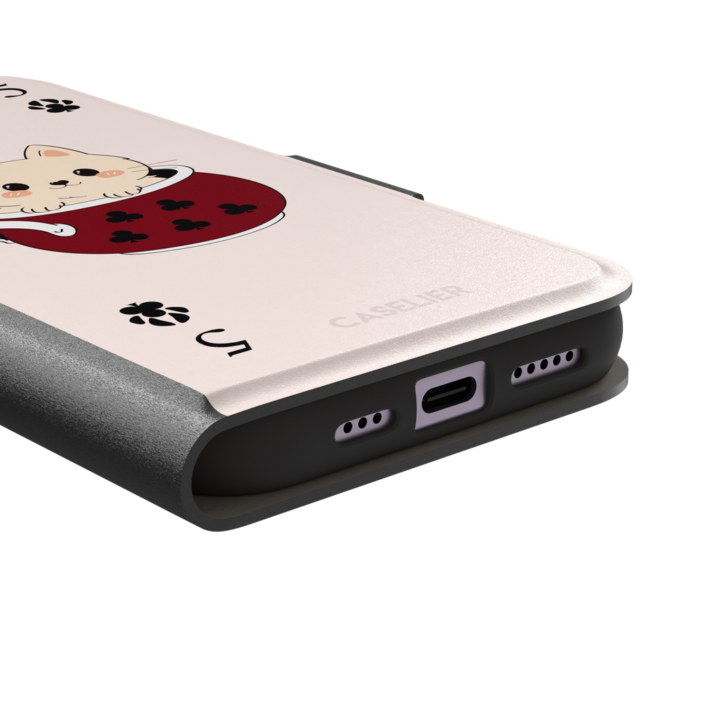 Five of Clubs phone case in pink variant featuring the same kawaii kitten in a dark red teacup with paw print club suits and playing card layout, phone case by Caselier — wallet case, charging port detail
