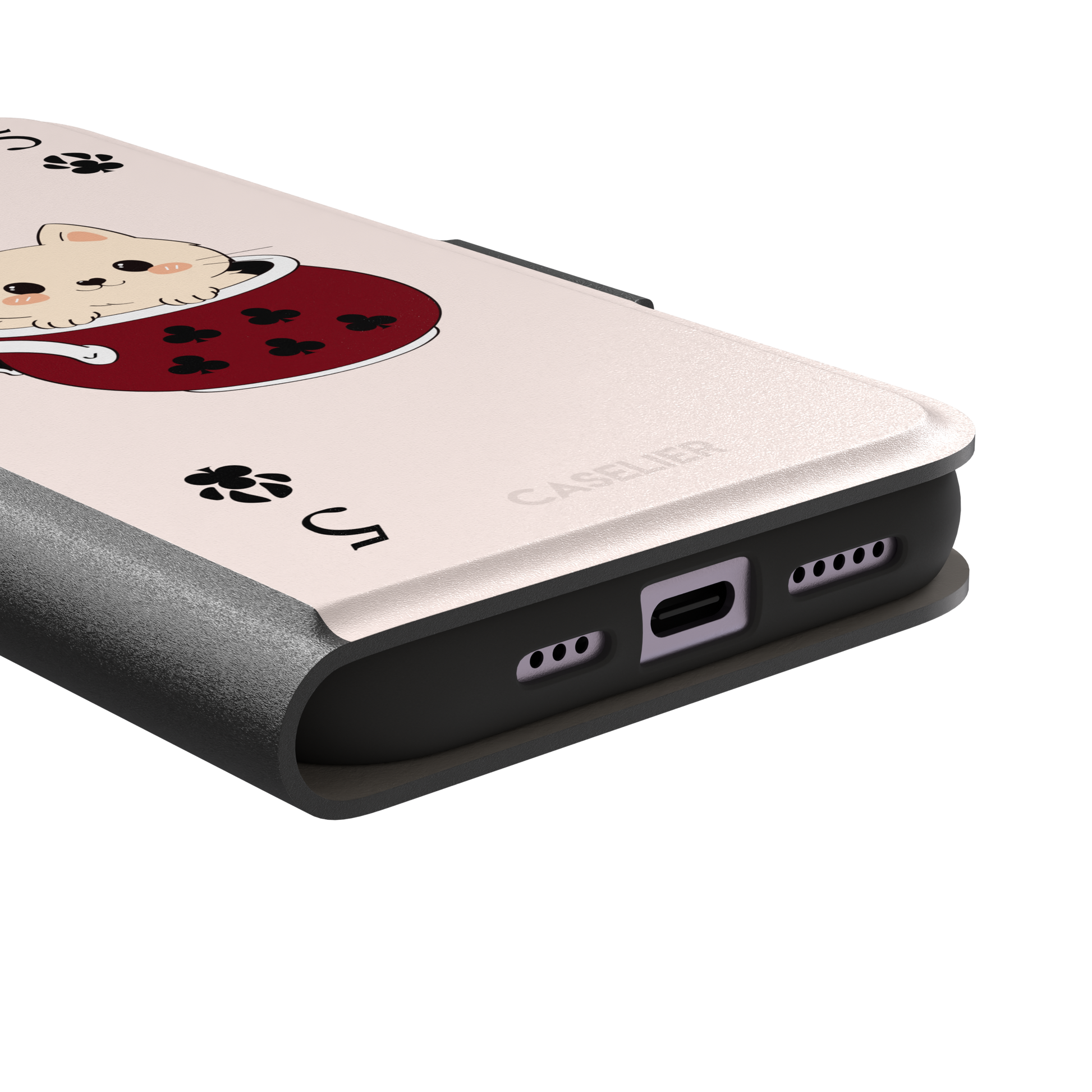 Five of Clubs phone case in pink variant featuring the same kawaii kitten in a dark red teacup with paw print club suits and playing card layout, phone case by Caselier — wallet case, charging port detail