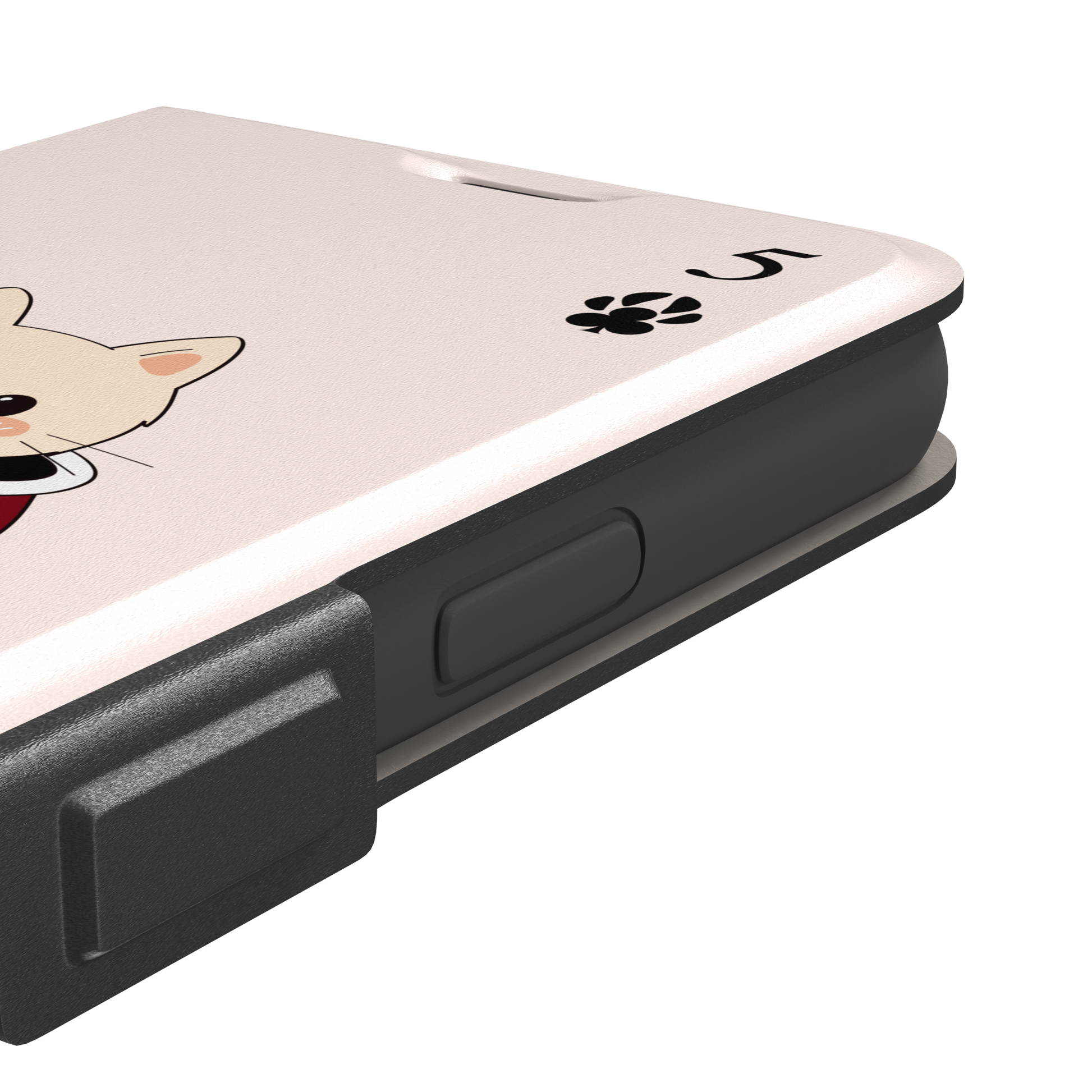 Five of Clubs phone case in pink variant featuring the same kawaii kitten in a dark red teacup with paw print club suits and playing card layout, phone case by Caselier — wallet case, volume buttons detail