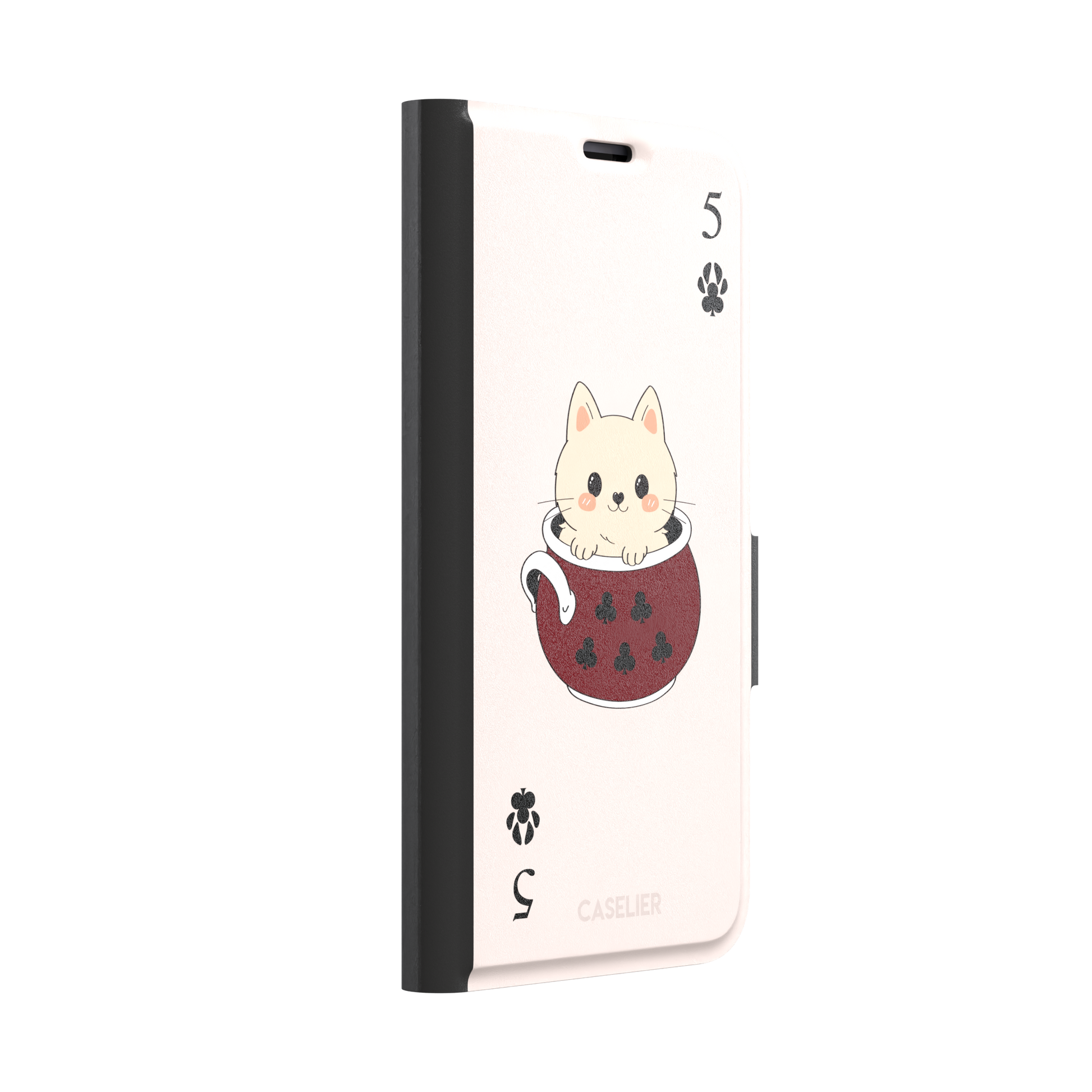 Five of Clubs phone case in pink variant featuring the same kawaii kitten in a dark red teacup with paw print club suits and playing card layout, phone case by Caselier — wallet case, left view