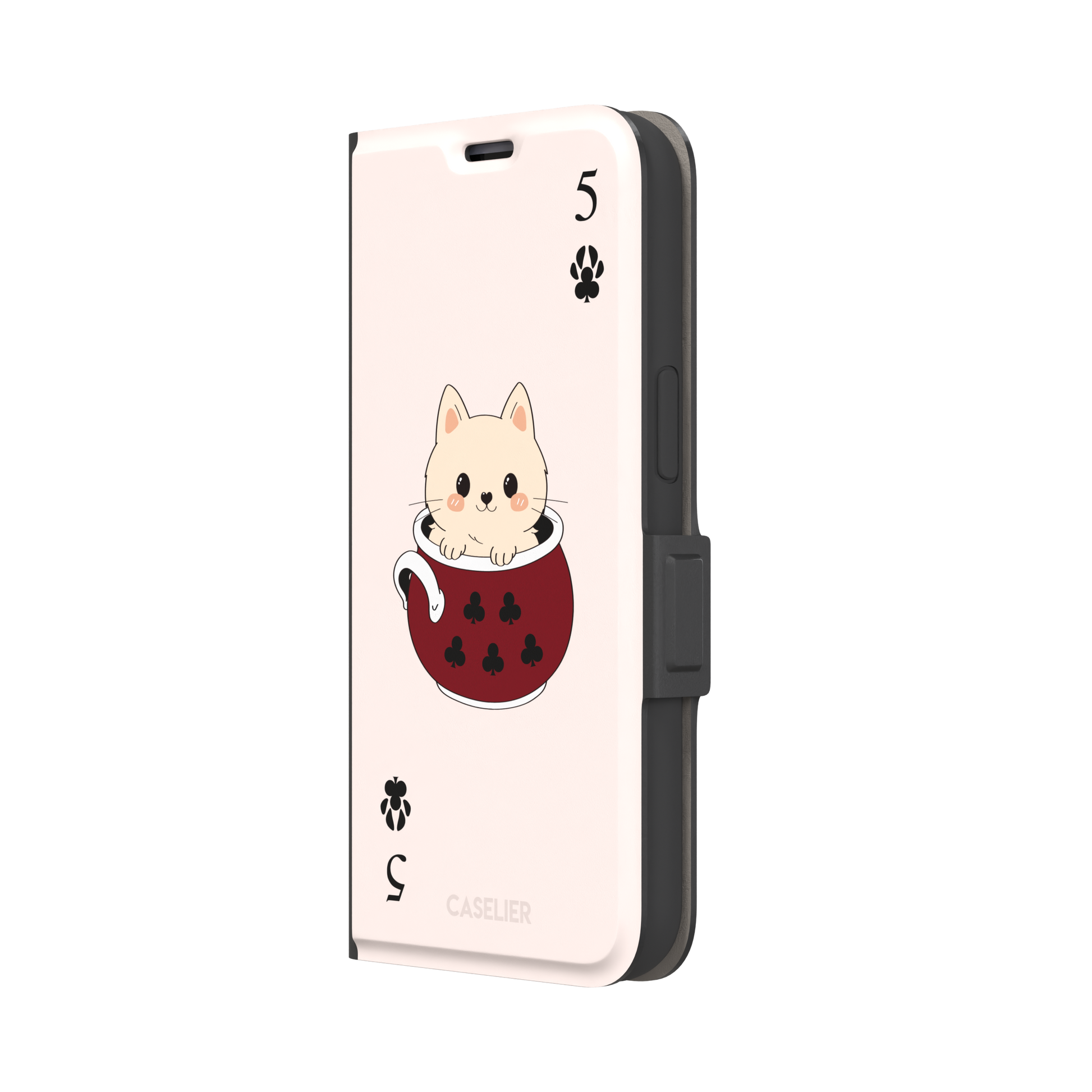 Five of Clubs phone case in pink variant featuring the same kawaii kitten in a dark red teacup with paw print club suits and playing card layout, phone case by Caselier — wallet case, right view
