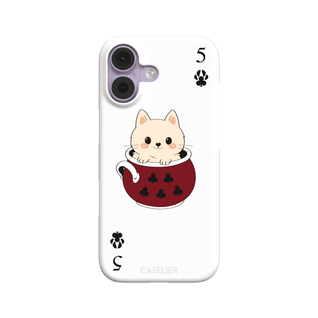 Five of Clubs phone case in white variant featuring the same kawaii kitten in a dark red teacup with paw print club suits and playing card layout, phone case by Caselier — snap case, front view