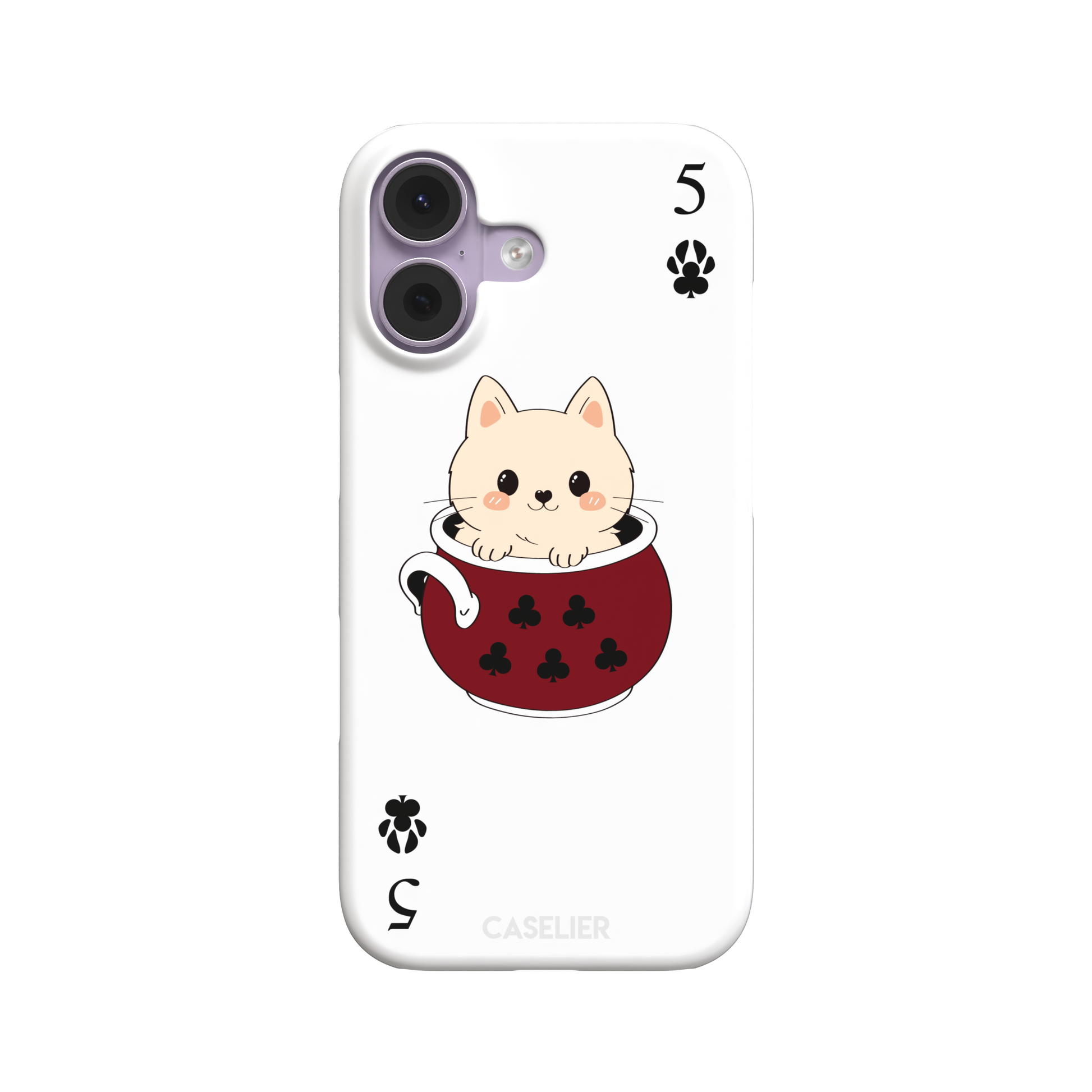 Five of Clubs phone case in white variant featuring the same kawaii kitten in a dark red teacup with paw print club suits and playing card layout, phone case by Caselier — snap case, front view