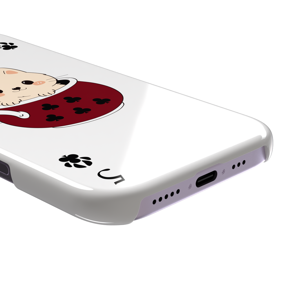 Five of Clubs phone case in white variant featuring the same kawaii kitten in a dark red teacup with paw print club suits and playing card layout, phone case by Caselier — snap case, charging port detail