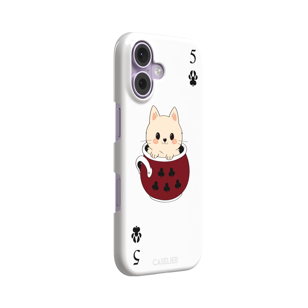Five of Clubs phone case in white variant featuring the same kawaii kitten in a dark red teacup with paw print club suits and playing card layout, phone case by Caselier — snap case, left view