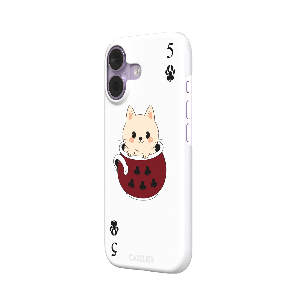 Five of Clubs phone case in white variant featuring the same kawaii kitten in a dark red teacup with paw print club suits and playing card layout, phone case by Caselier — snap case, right view