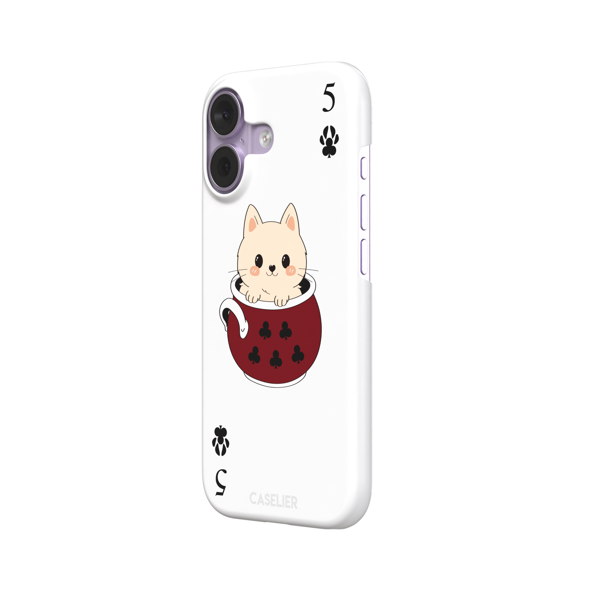 Five of Clubs phone case in white variant featuring the same kawaii kitten in a dark red teacup with paw print club suits and playing card layout, phone case by Caselier — snap case, right view