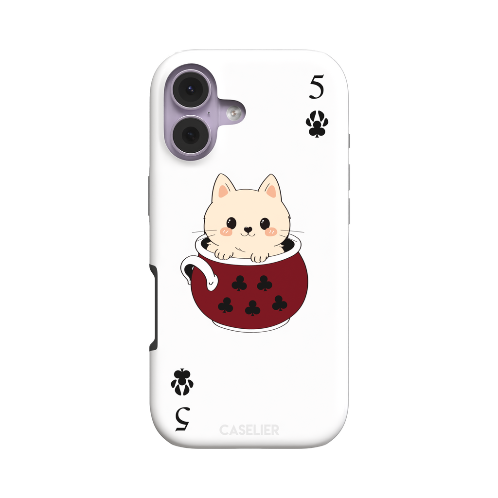 Five of Clubs phone case in white variant featuring the same kawaii kitten in a dark red teacup with paw print club suits and playing card layout, phone case by Caselier — tough case, front view