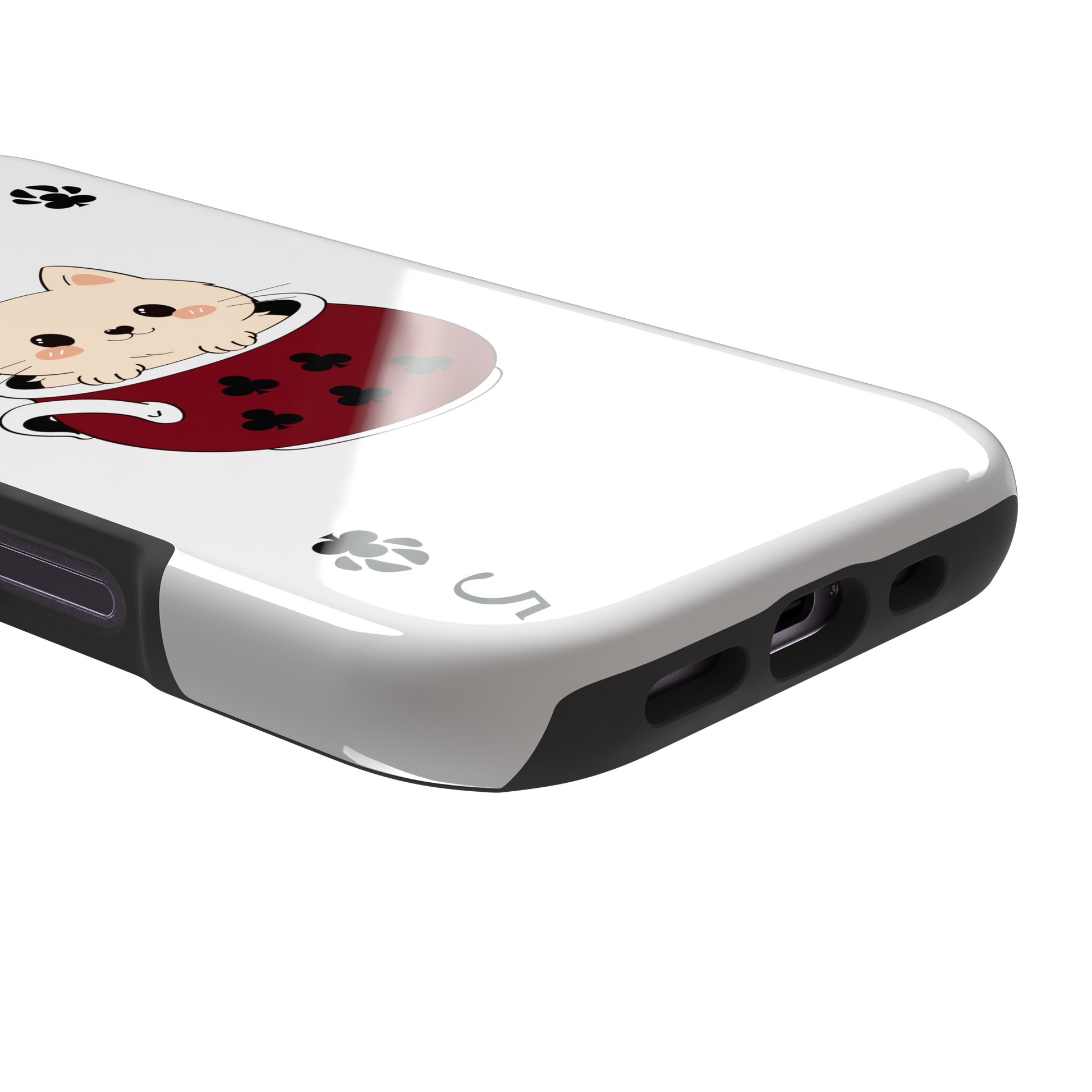 Five of Clubs phone case in white variant featuring the same kawaii kitten in a dark red teacup with paw print club suits and playing card layout, phone case by Caselier — tough case, charging port detail