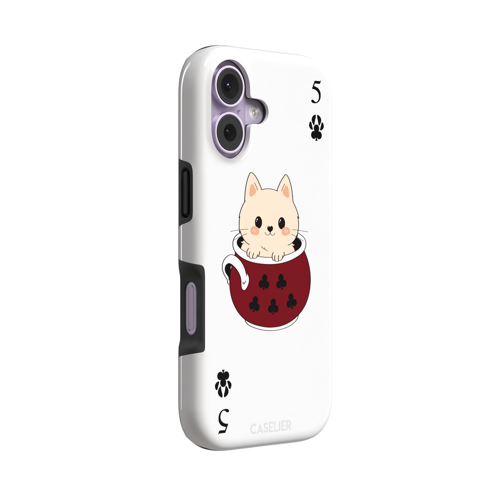Five of Clubs phone case in white variant featuring the same kawaii kitten in a dark red teacup with paw print club suits and playing card layout, phone case by Caselier — tough case, left view
