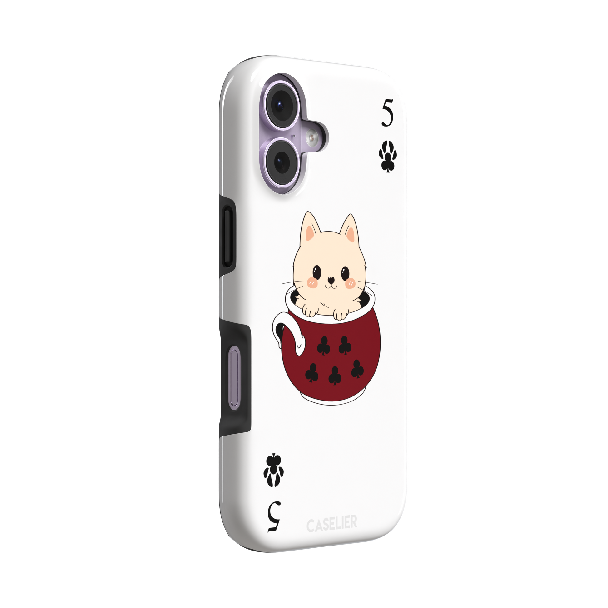 Five of Clubs phone case in white variant featuring the same kawaii kitten in a dark red teacup with paw print club suits and playing card layout, phone case by Caselier — tough case, left view