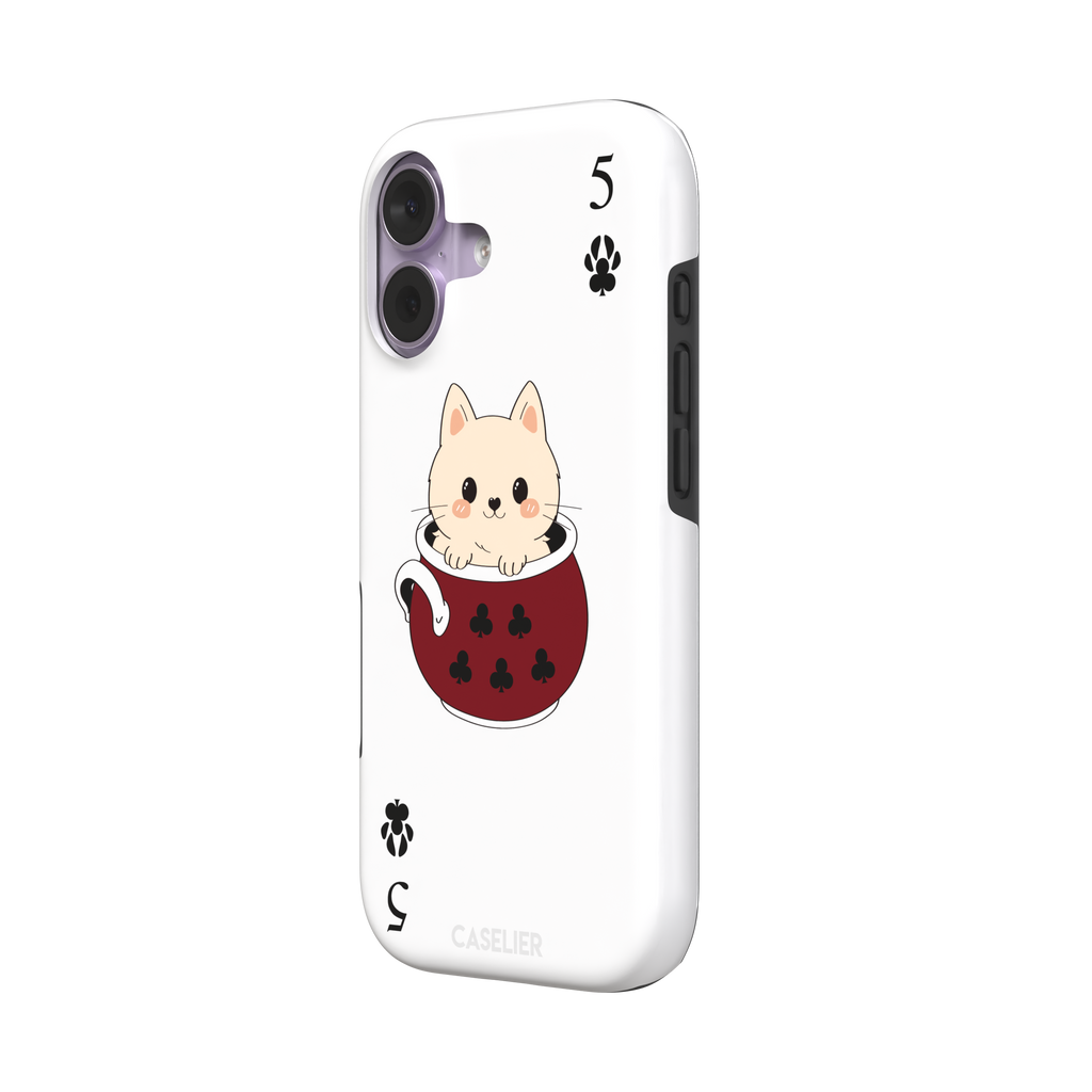 Five of Clubs phone case in white variant featuring the same kawaii kitten in a dark red teacup with paw print club suits and playing card layout, phone case by Caselier — tough case, right view