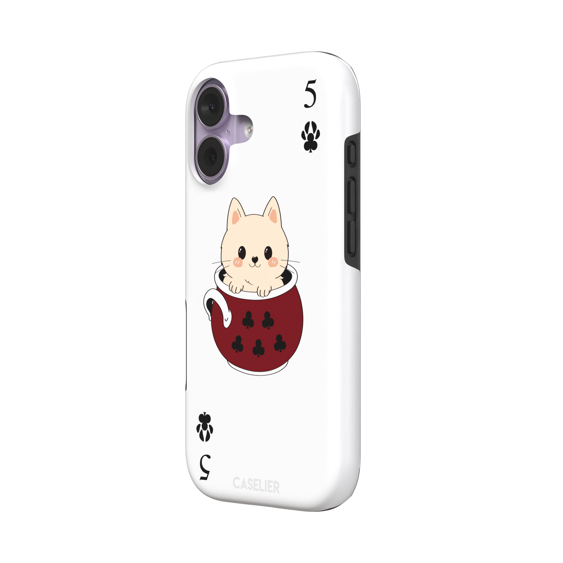 Five of Clubs phone case in white variant featuring the same kawaii kitten in a dark red teacup with paw print club suits and playing card layout, phone case by Caselier — tough case, right view