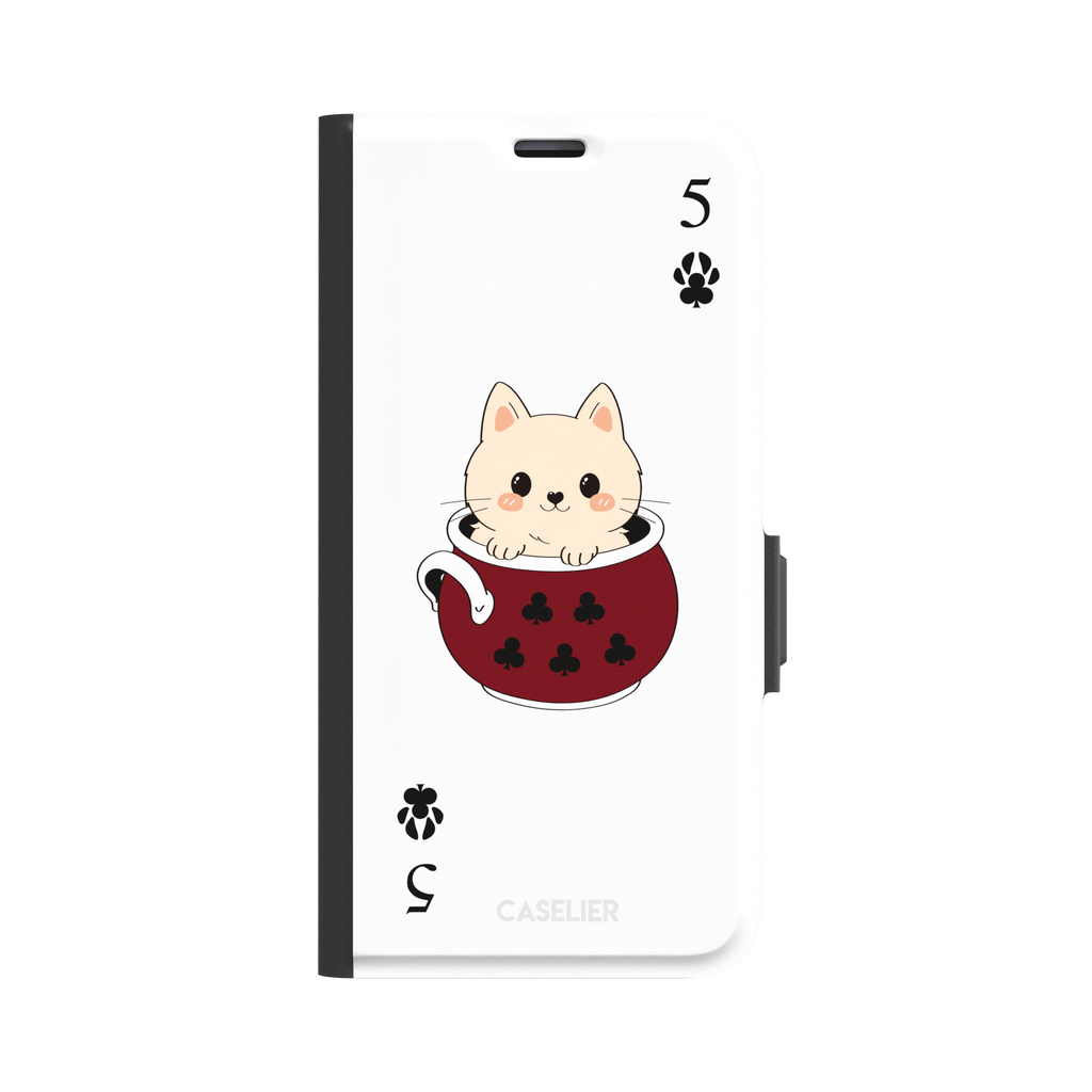 Five of Clubs phone case in white variant featuring the same kawaii kitten in a dark red teacup with paw print club suits and playing card layout, phone case by Caselier — wallet case, front view