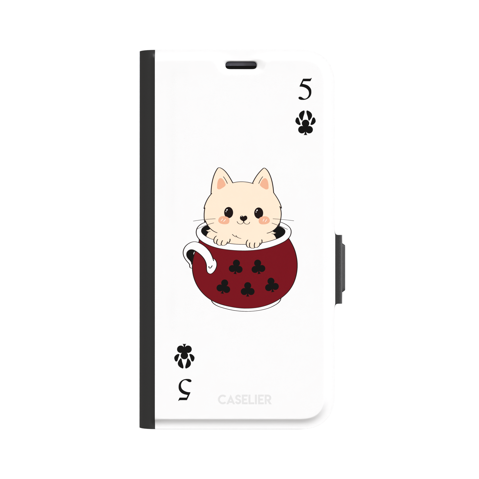 Five of Clubs phone case in white variant featuring the same kawaii kitten in a dark red teacup with paw print club suits and playing card layout, phone case by Caselier — wallet case, front view