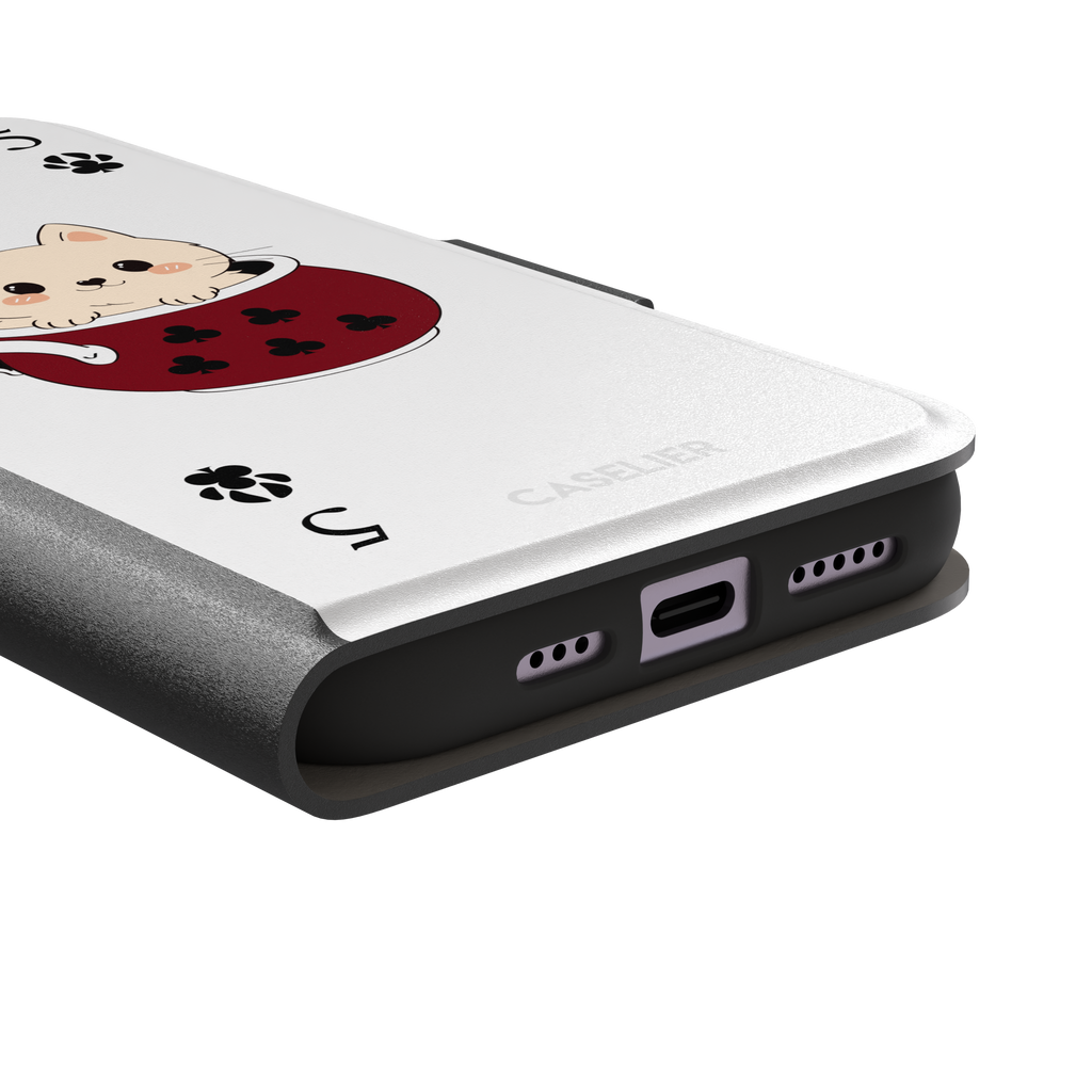 Five of Clubs phone case in white variant featuring the same kawaii kitten in a dark red teacup with paw print club suits and playing card layout, phone case by Caselier — wallet case, charging port detail