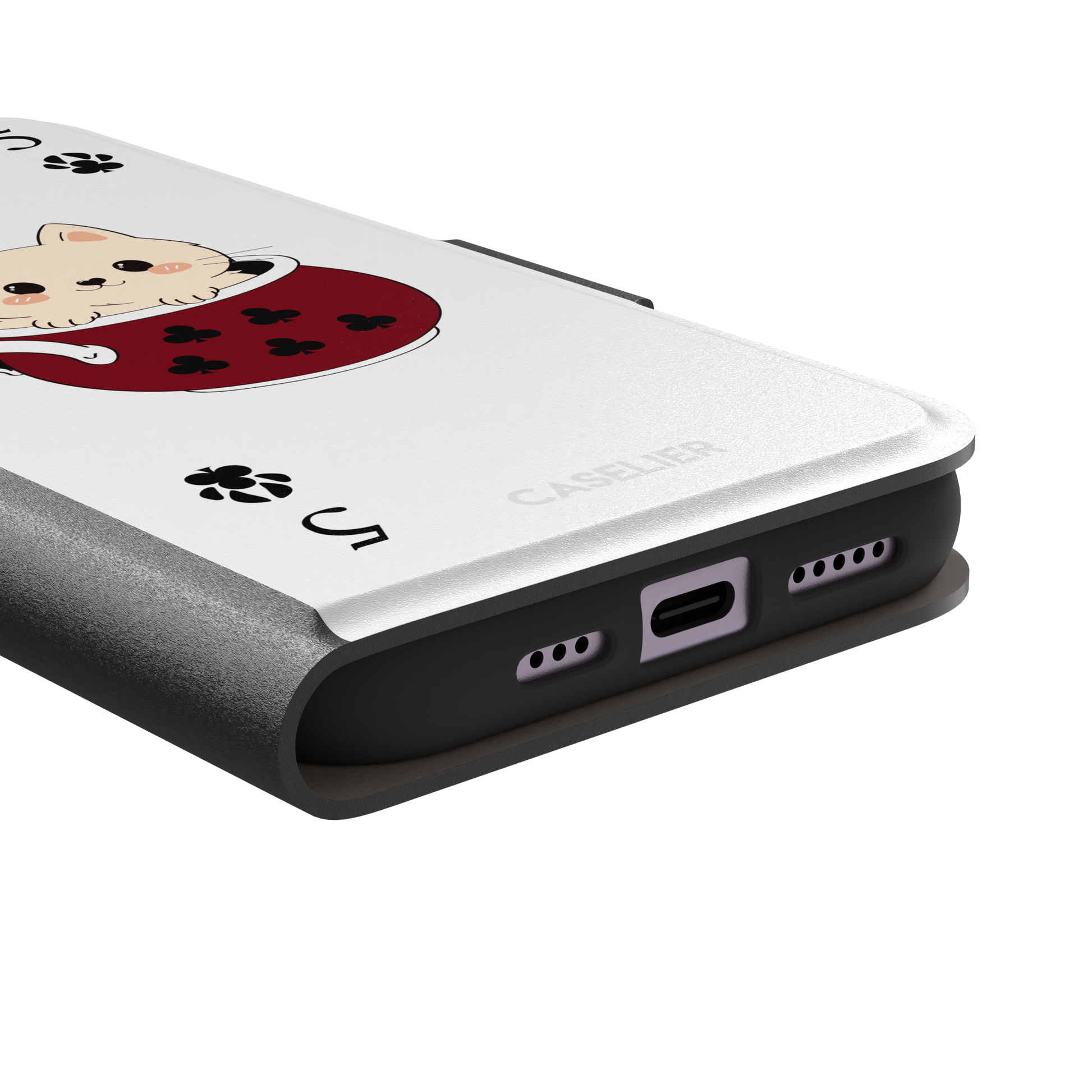 Five of Clubs phone case in white variant featuring the same kawaii kitten in a dark red teacup with paw print club suits and playing card layout, phone case by Caselier — wallet case, charging port detail
