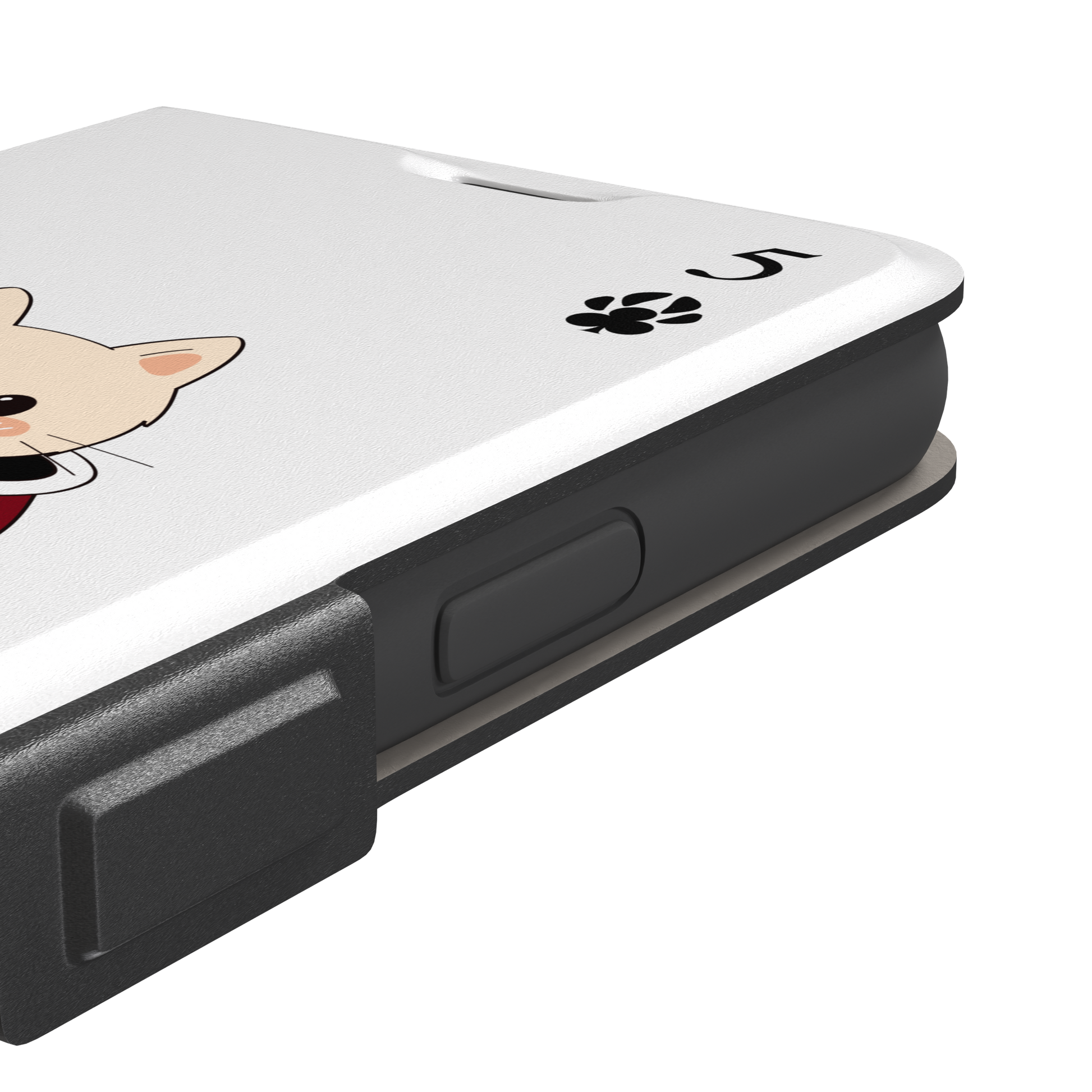 Five of Clubs phone case in white variant featuring the same kawaii kitten in a dark red teacup with paw print club suits and playing card layout, phone case by Caselier — wallet case, volume buttons detail