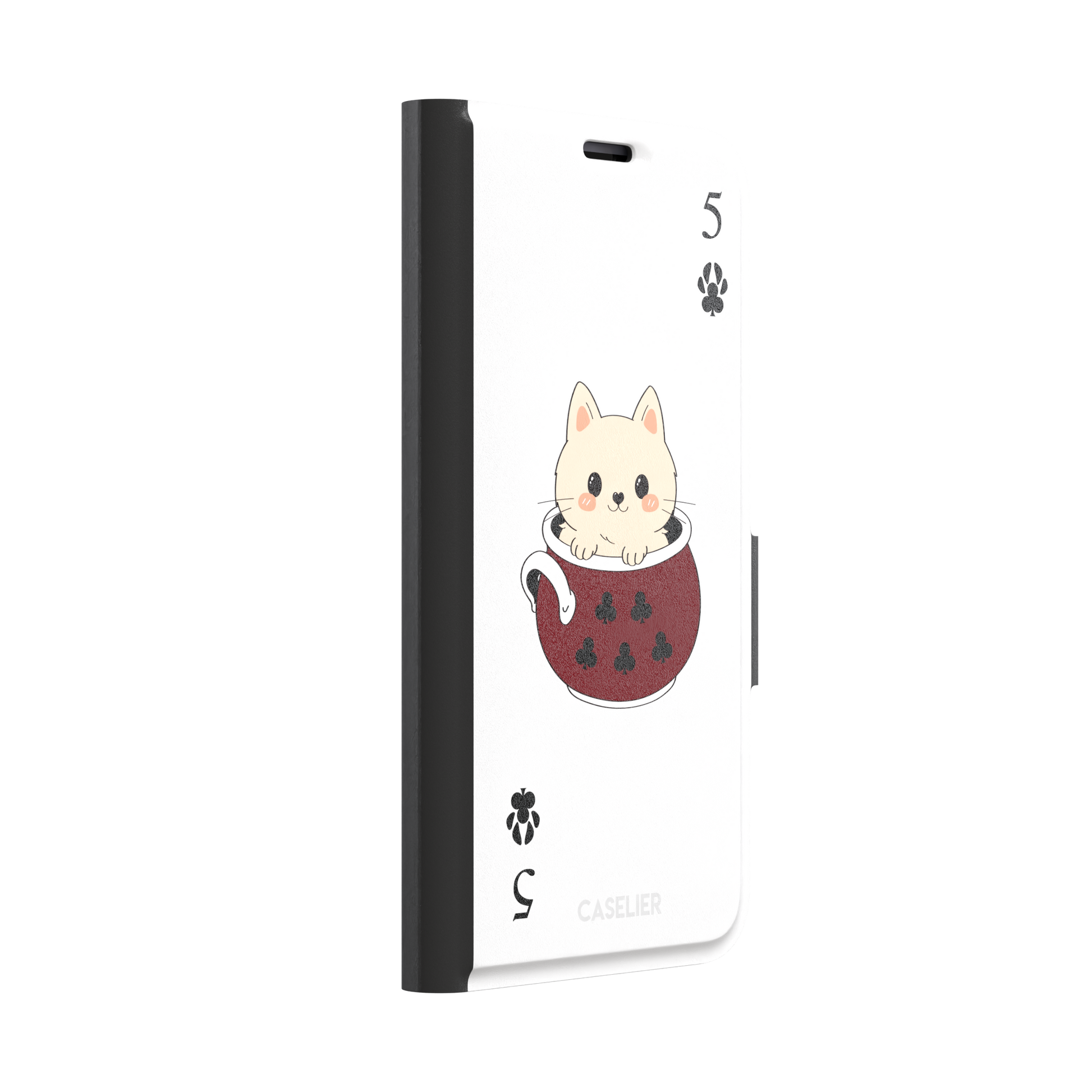 Five of Clubs phone case in white variant featuring the same kawaii kitten in a dark red teacup with paw print club suits and playing card layout, phone case by Caselier — wallet case, left view