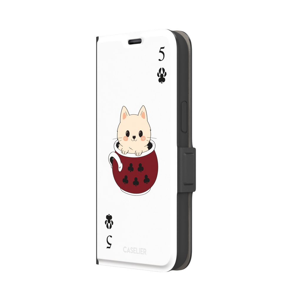 Five of Clubs phone case in white variant featuring the same kawaii kitten in a dark red teacup with paw print club suits and playing card layout, phone case by Caselier — wallet case, right view