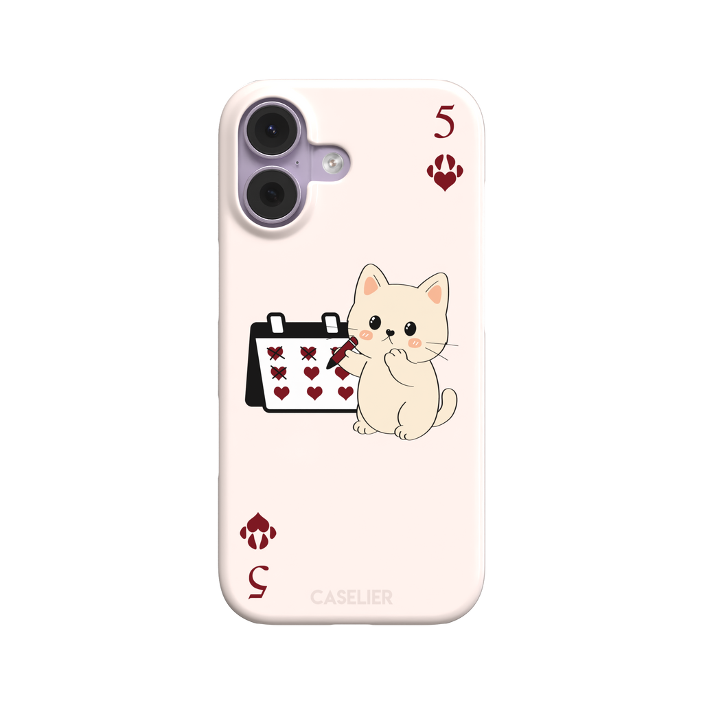 Five of Hearts Paw Decks phone case in blush pink, featuring a kawaii cream kitten marking hearts on a calendar with paw-print suit symbols and number five corners, phone case by Caselier — snap case, front view