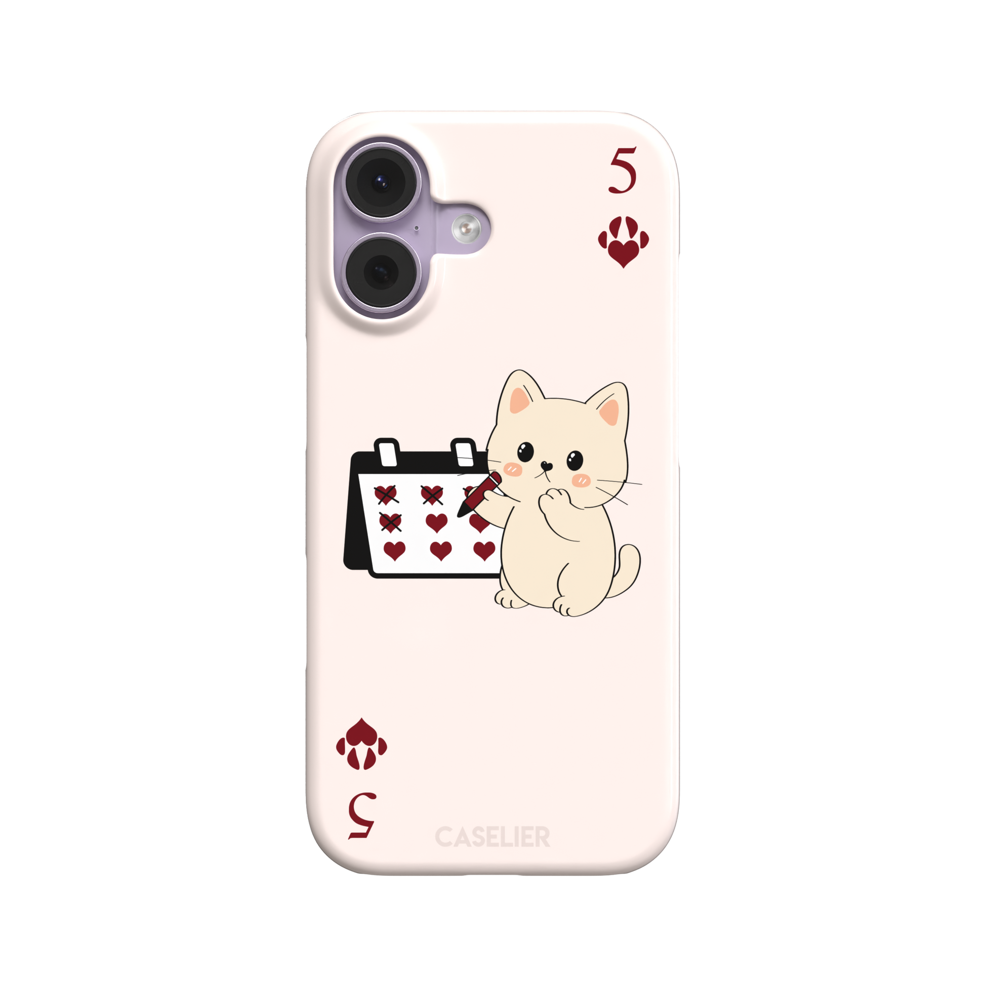 Five of Hearts Paw Decks phone case in blush pink, featuring a kawaii cream kitten marking hearts on a calendar with paw-print suit symbols and number five corners, phone case by Caselier — snap case, front view