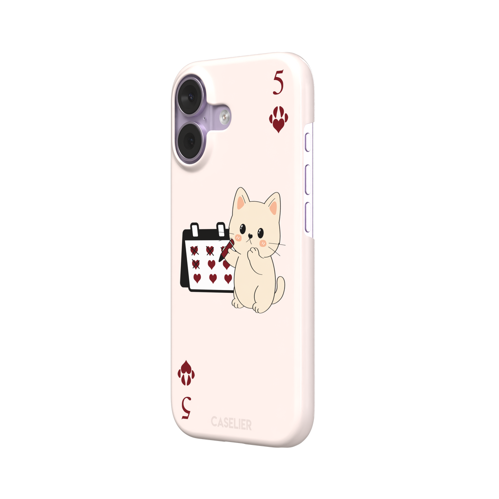 Five of Hearts Paw Decks phone case in blush pink, featuring a kawaii cream kitten marking hearts on a calendar with paw-print suit symbols and number five corners, phone case by Caselier — snap case, right view
