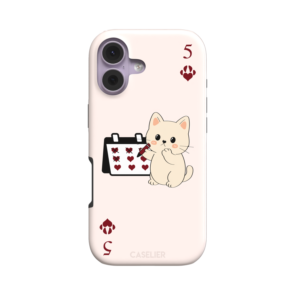 Five of Hearts Paw Decks phone case in blush pink, featuring a kawaii cream kitten marking hearts on a calendar with paw-print suit symbols and number five corners, phone case by Caselier — tough case, front view