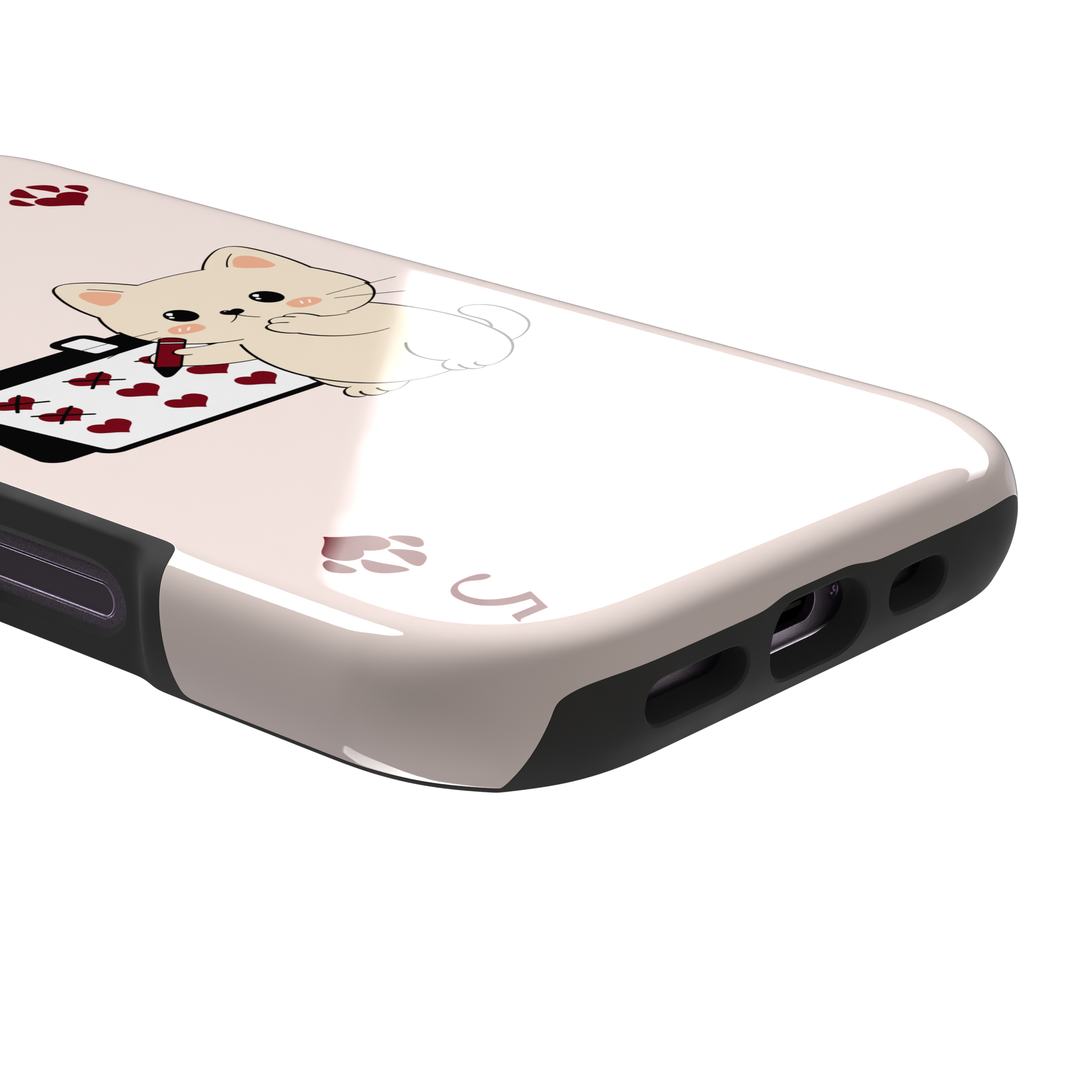 Five of Hearts Paw Decks phone case in blush pink, featuring a kawaii cream kitten marking hearts on a calendar with paw-print suit symbols and number five corners, phone case by Caselier — tough case, charging port detail