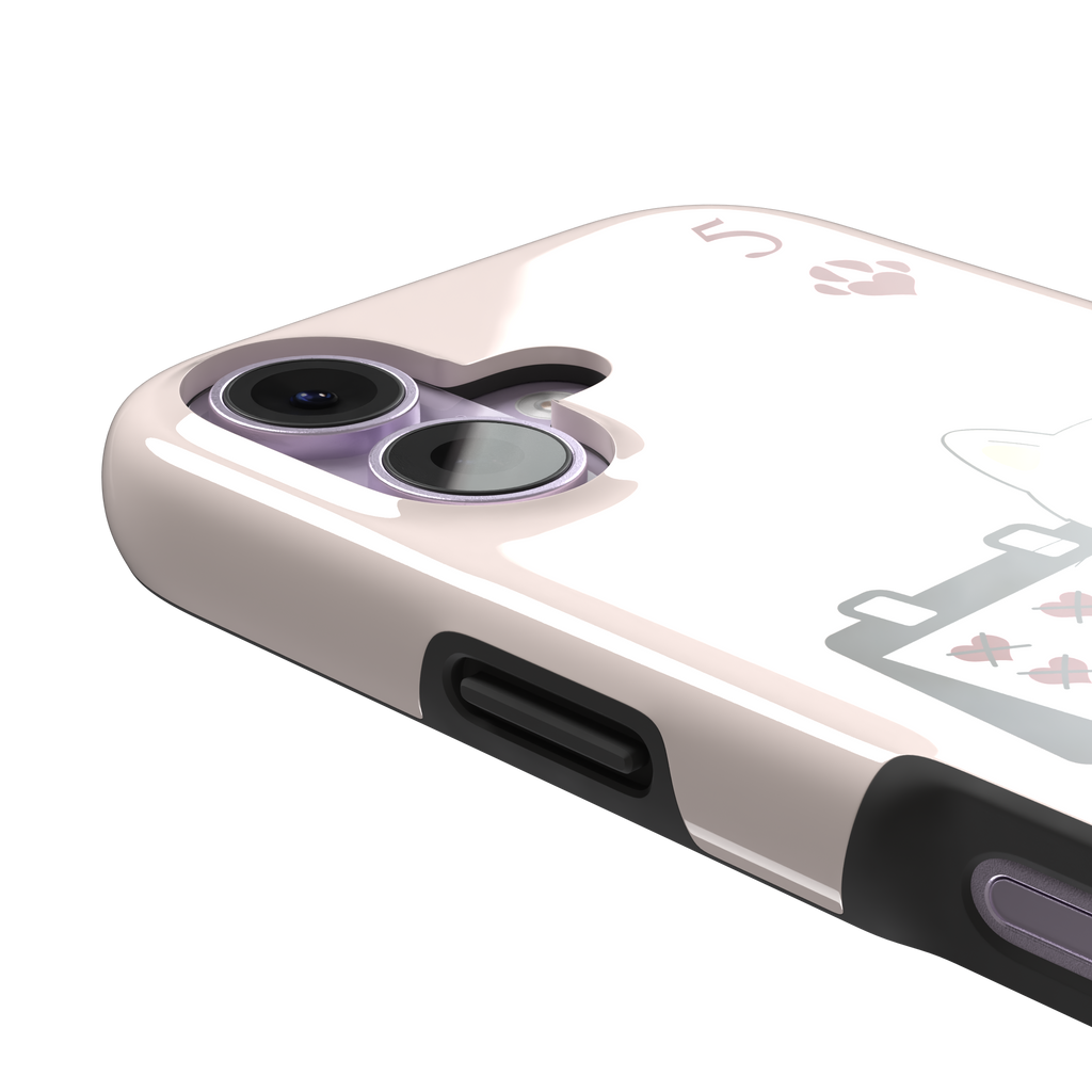 Five of Hearts Paw Decks phone case in blush pink, featuring a kawaii cream kitten marking hearts on a calendar with paw-print suit symbols and number five corners, phone case by Caselier — tough case, volume buttons detail