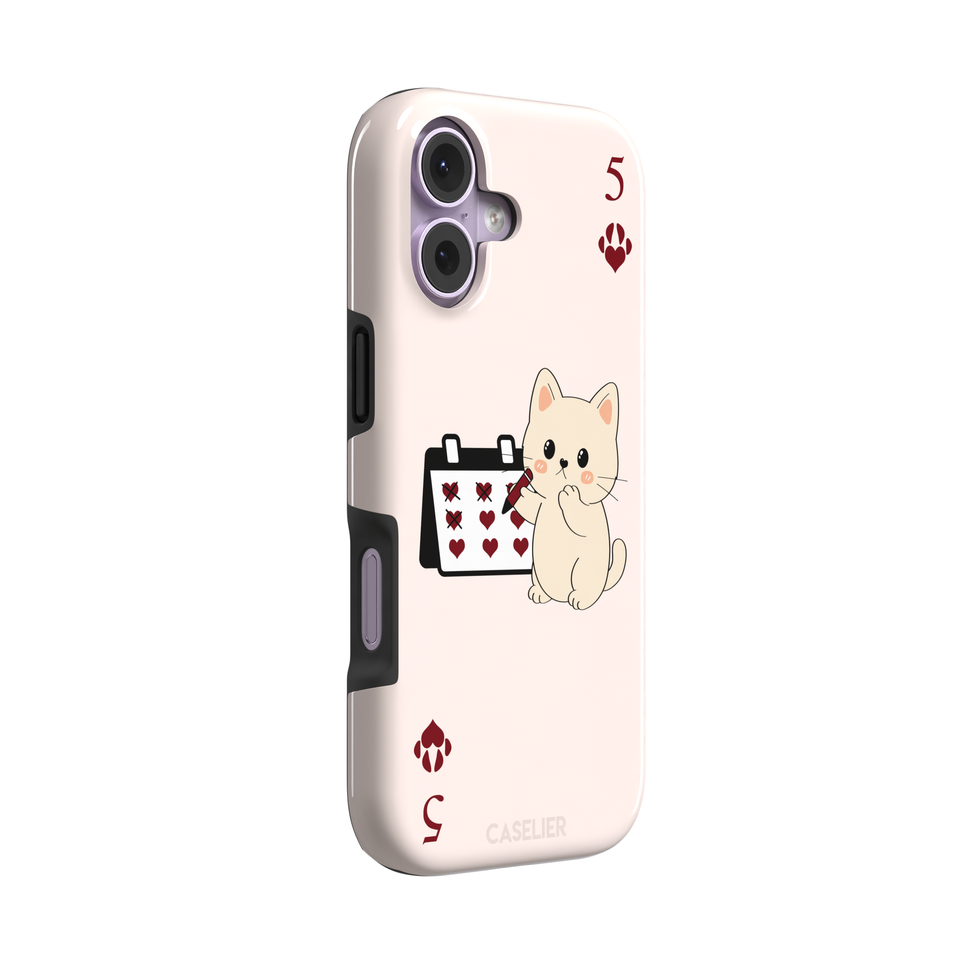 Five of Hearts Paw Decks phone case in blush pink, featuring a kawaii cream kitten marking hearts on a calendar with paw-print suit symbols and number five corners, phone case by Caselier — tough case, left view