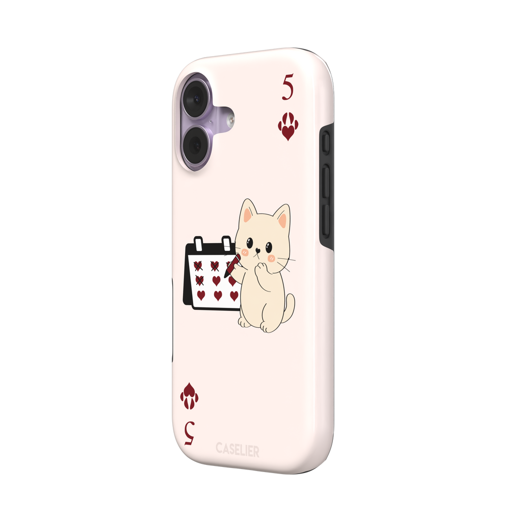 Five of Hearts Paw Decks phone case in blush pink, featuring a kawaii cream kitten marking hearts on a calendar with paw-print suit symbols and number five corners, phone case by Caselier — tough case, right view