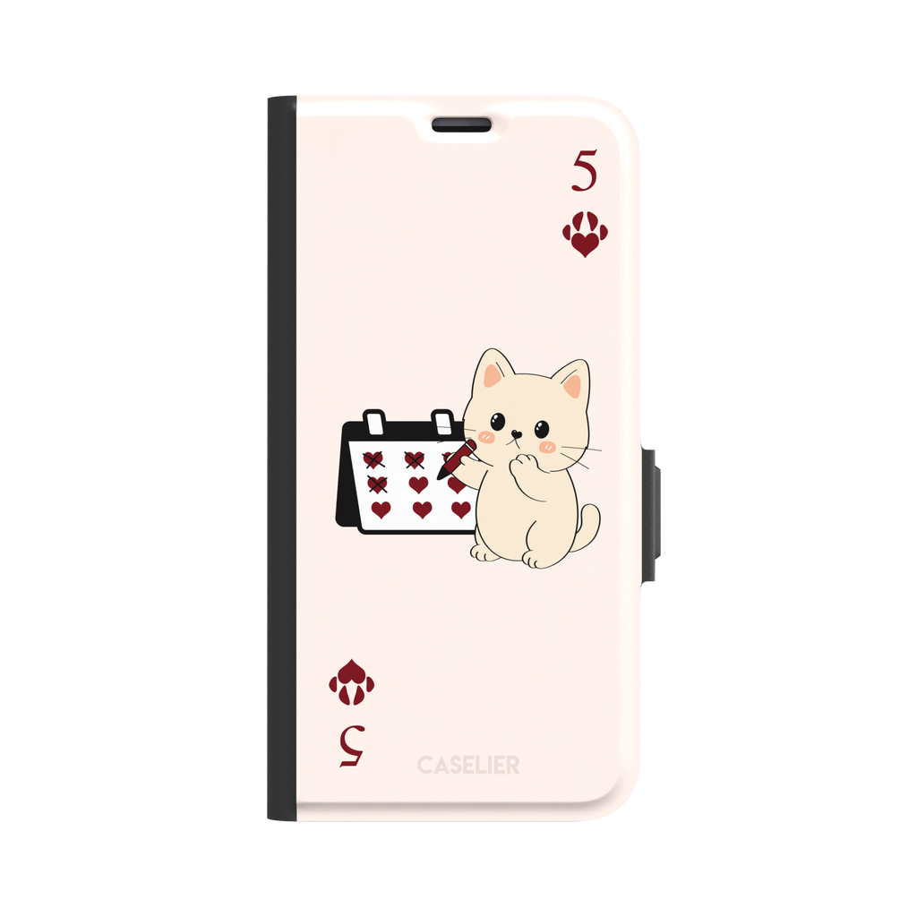 Five of Hearts Paw Decks phone case in blush pink, featuring a kawaii cream kitten marking hearts on a calendar with paw-print suit symbols and number five corners, phone case by Caselier — wallet case, front view