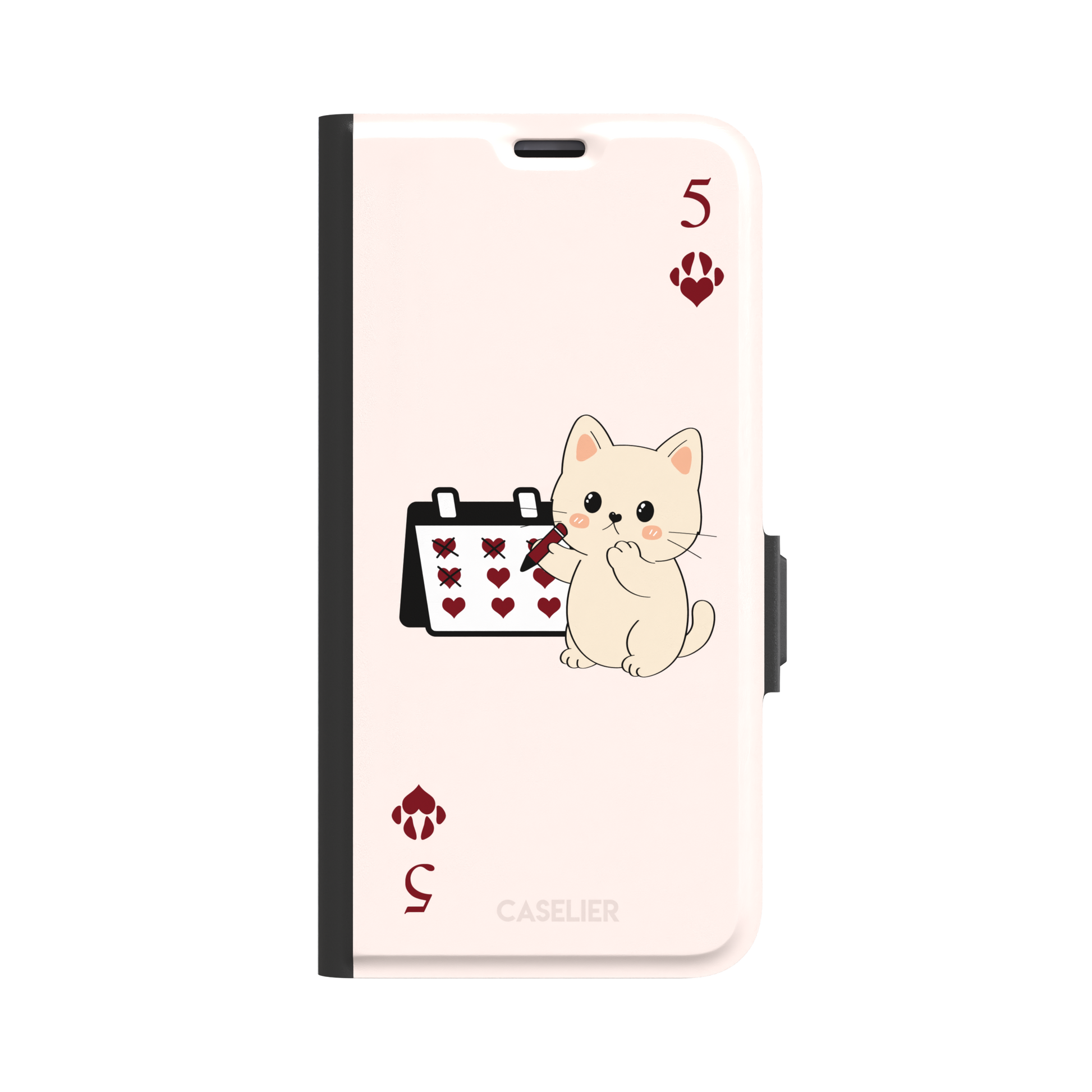 Five of Hearts Paw Decks phone case in blush pink, featuring a kawaii cream kitten marking hearts on a calendar with paw-print suit symbols and number five corners, phone case by Caselier — wallet case, front view